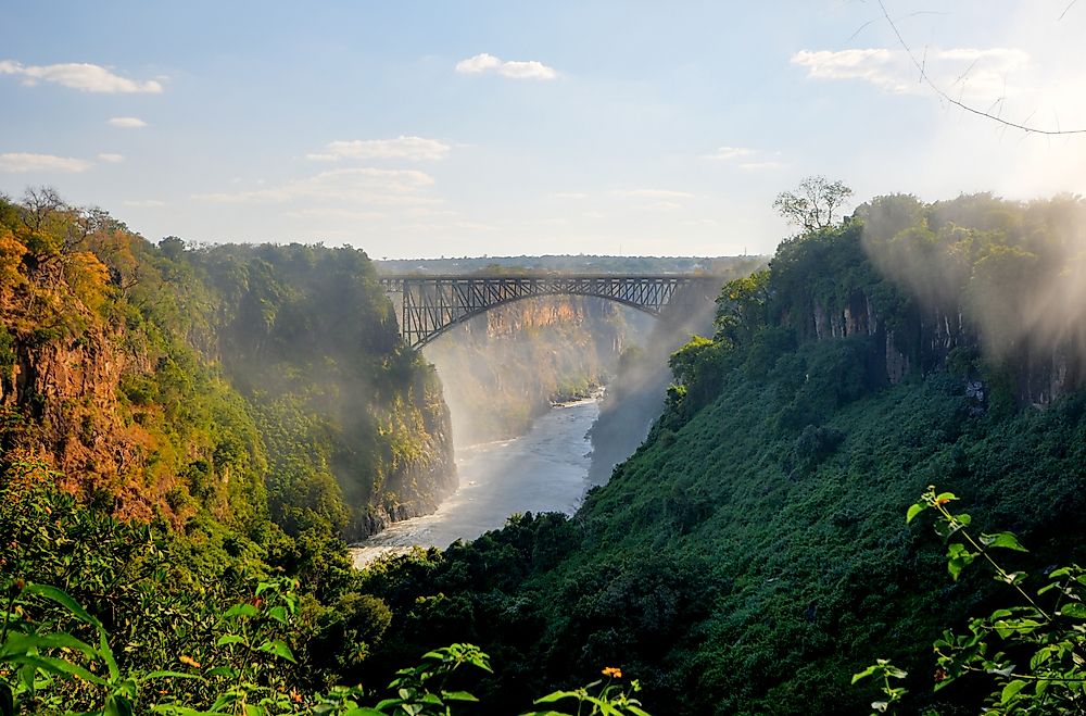 Victoria Falls is a famous watermark located on the border between Zambia and Zimbabwe southern Africa.