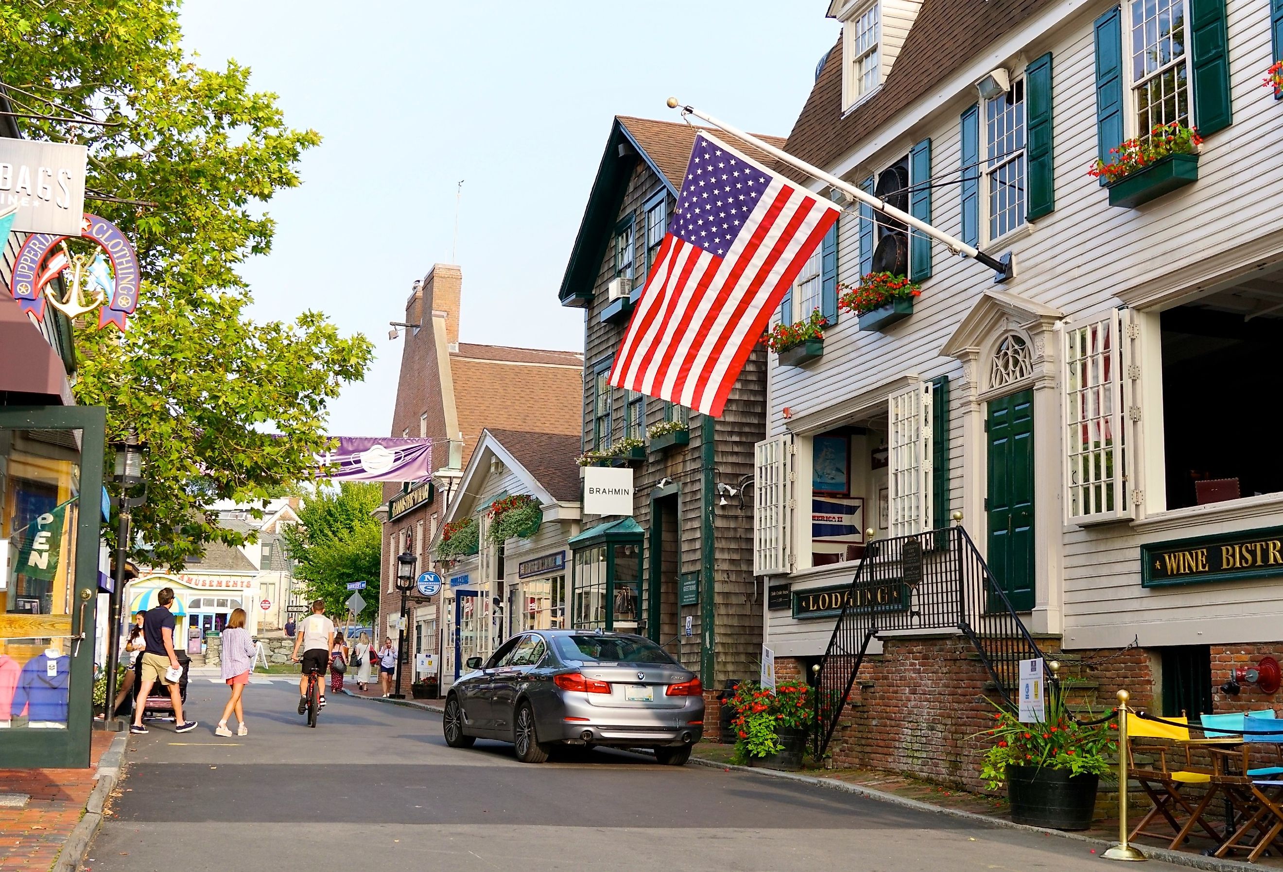 Rhode Island's famed Thames Street shopping district is home to many specialty shops, restaurants, hotels in Newport. Image credit George Wirt via Shutterstock