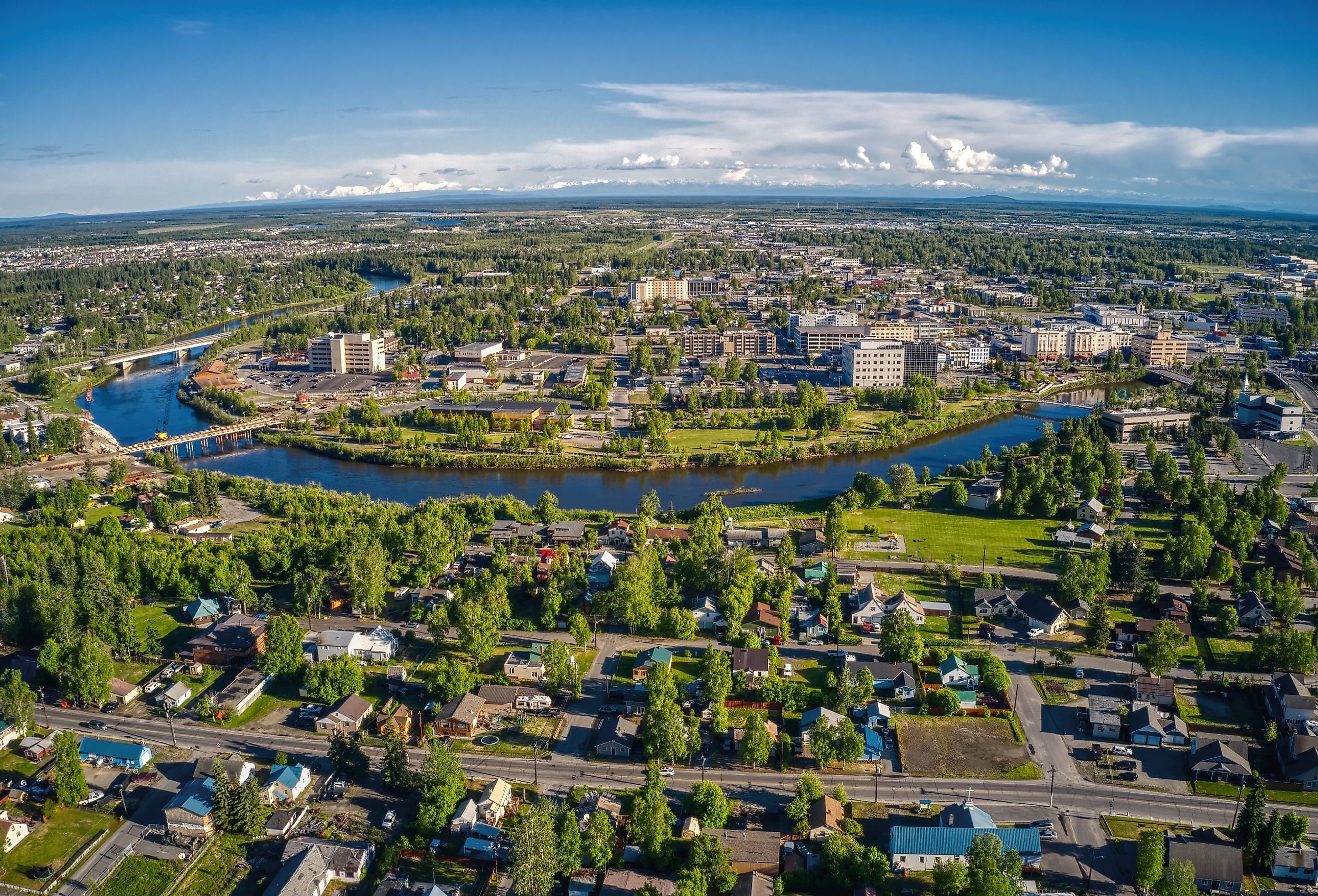 Aerial view of Fairbanks, Alaska skyline during summer.