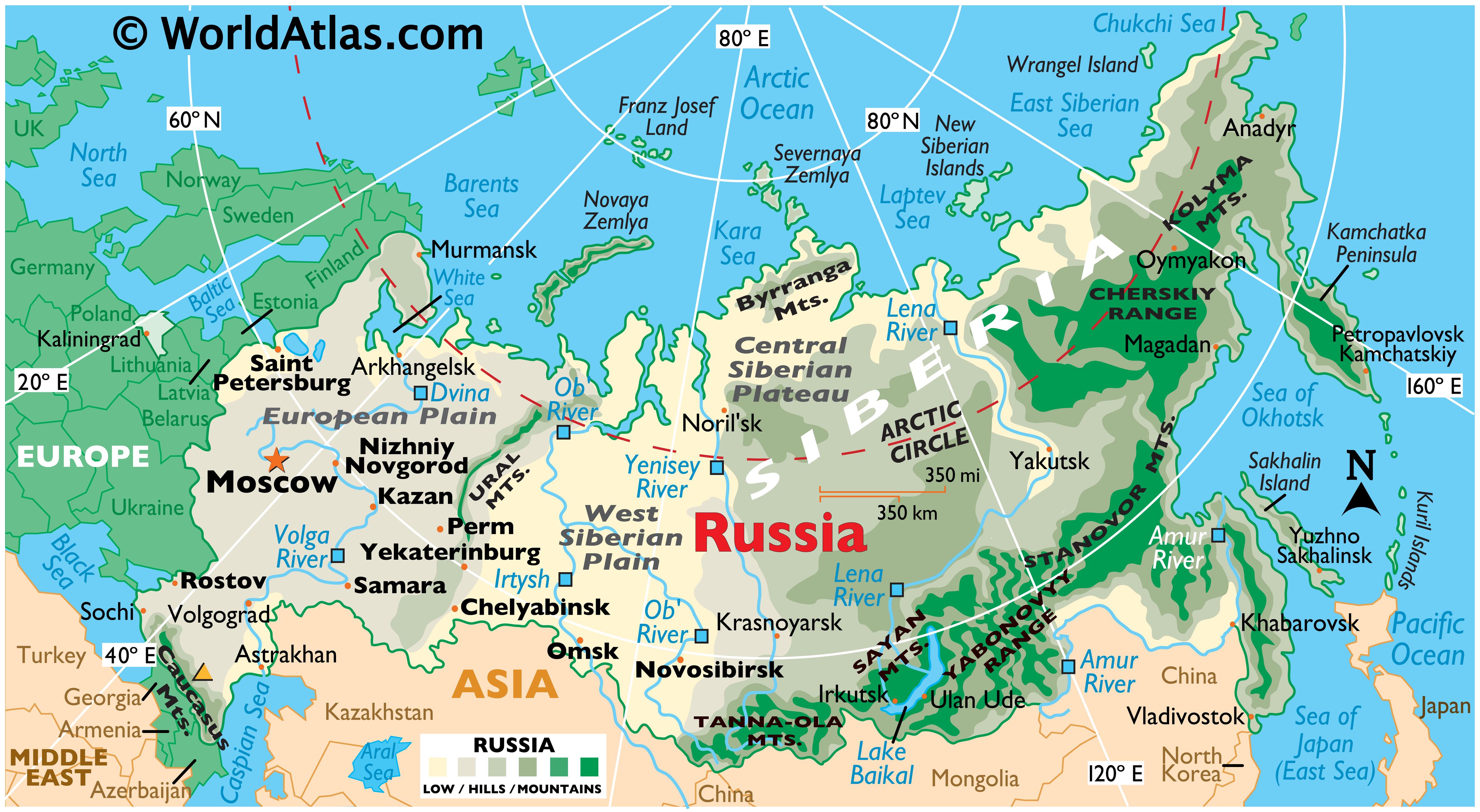 Physical map of Russia showing its state boundaries, relief, major rivers, extreme points, national parks, major cities, Lake Baikal, and more.