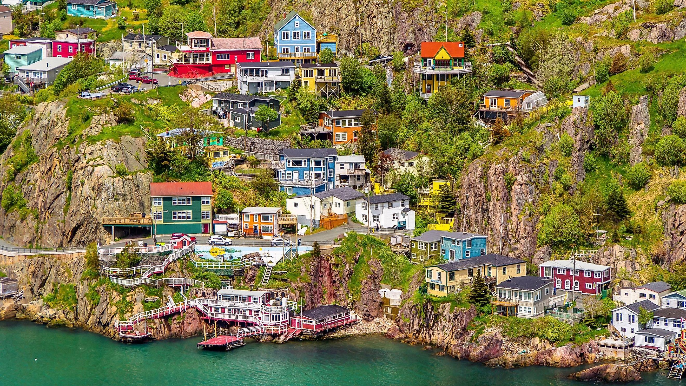 Aerial view of beautiful colorful houses built on the rocky slope of the Signal Hill in St. John's Newfoundland, Canada