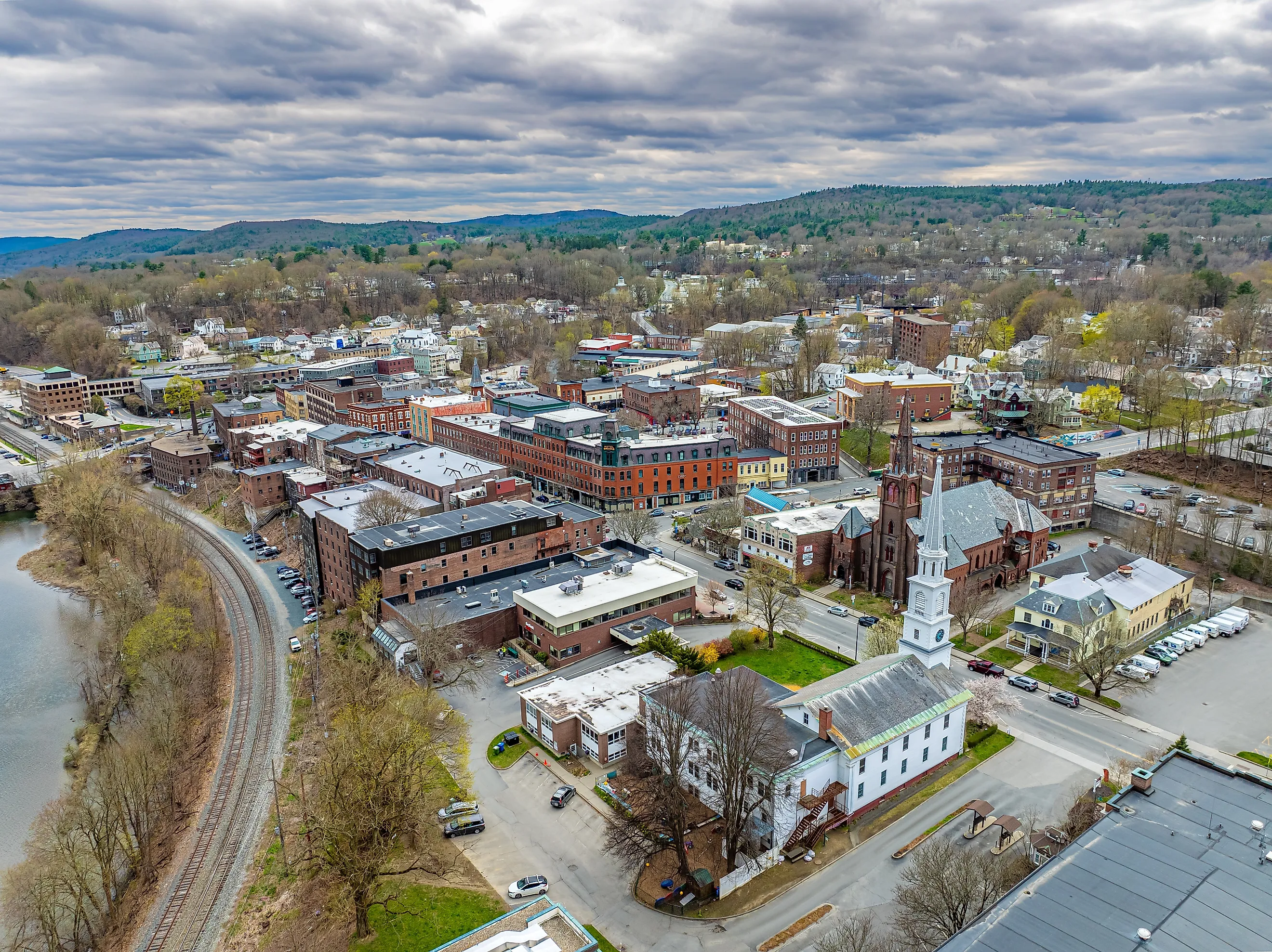 Aerial photo of the town of Brattleboro, Vermont. Editorial credit: SEALANDSKYPHOTO / Shutterstock.com