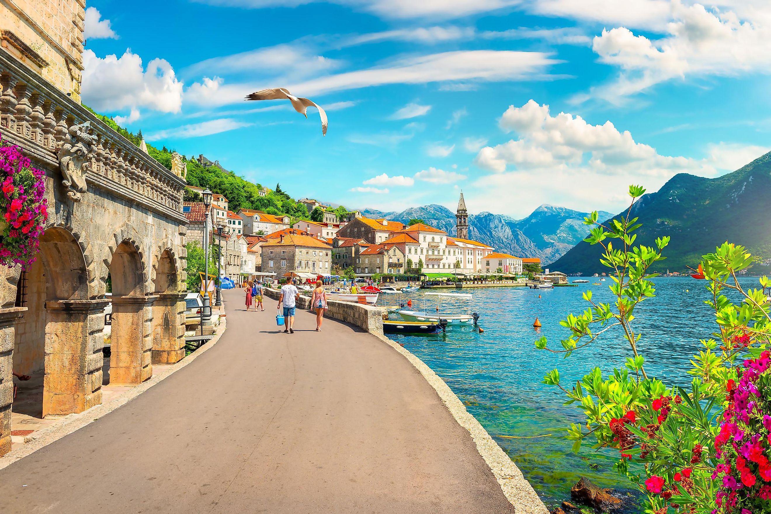 Historic city of Perast at Bay of Kotor in summer, Montenegro