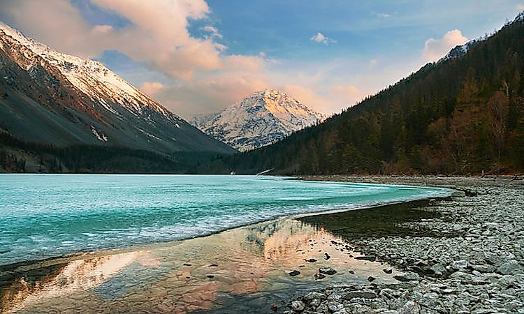 Sunset at Kucheria Lake, Katun Nature Reserve in the Altai alpine meadow and tundra ecoregion of Russia.