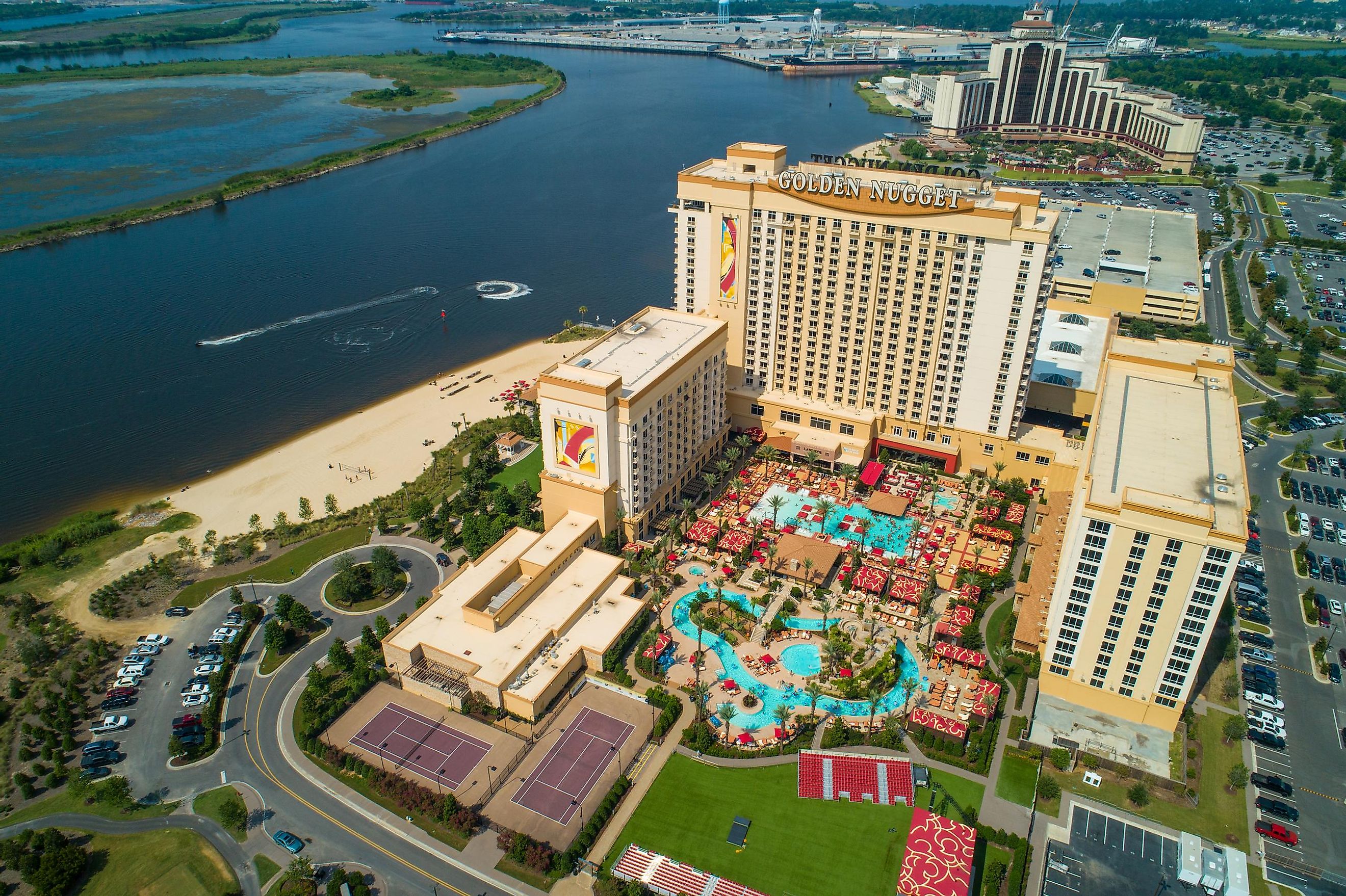 Aerial drone photo Golden Nugget Casino Resort Lake Charles Louisiana. Image credit Felix Mizioznikov via Shutterstock