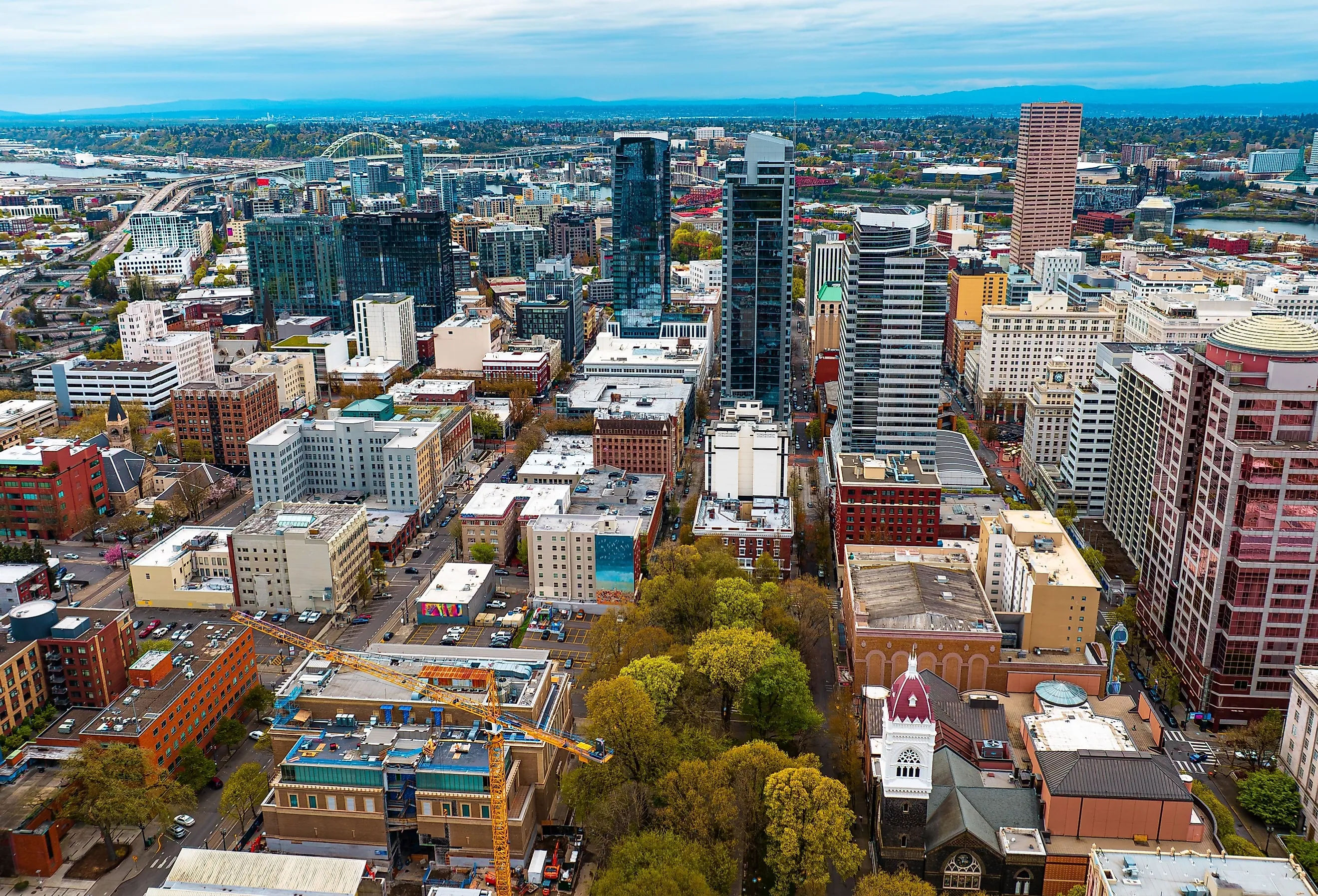 Downtown Portland, Oregon, USA with high-rise architecture.