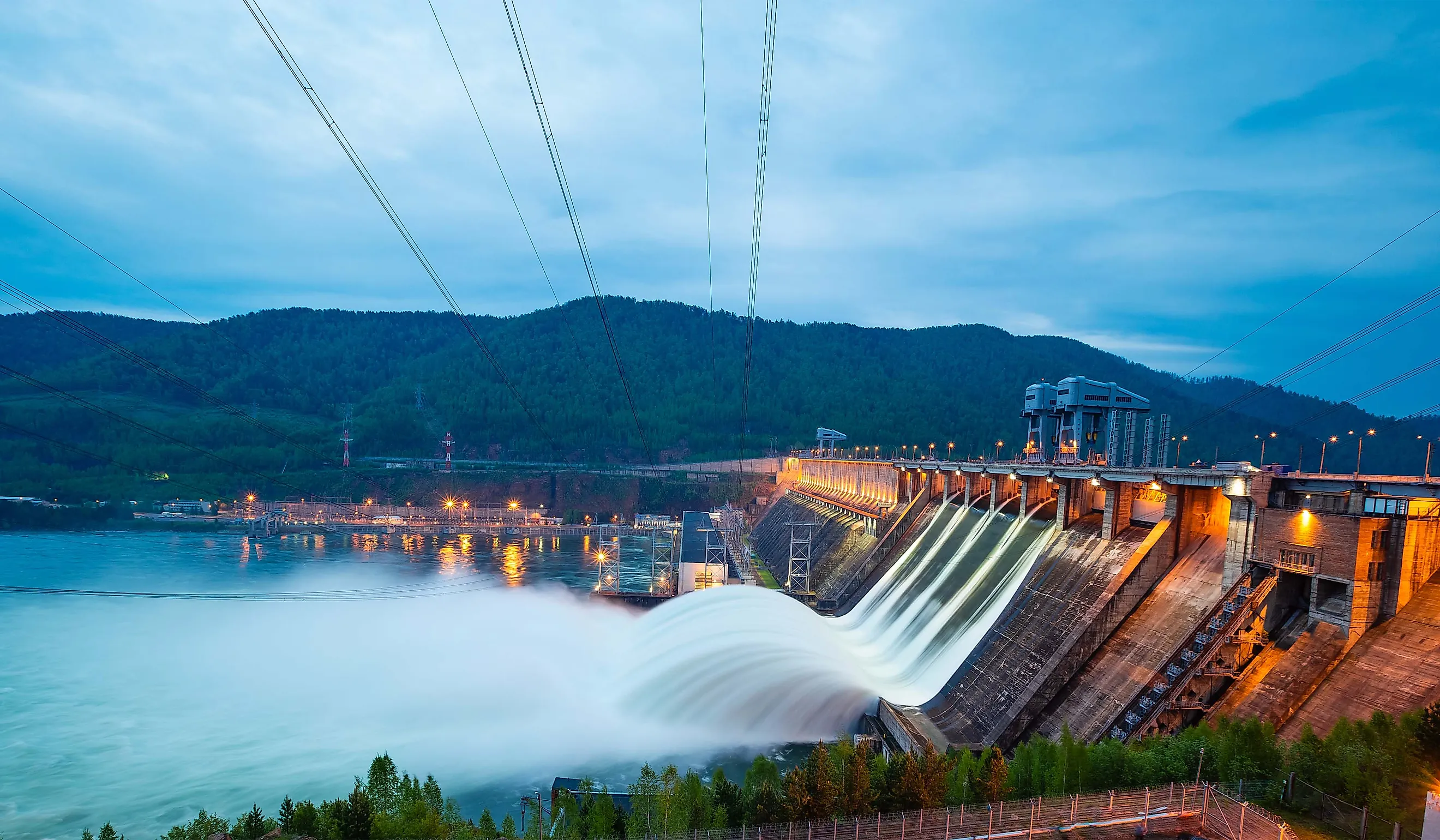 View of the hydroelectric dam, water discharge through locks.