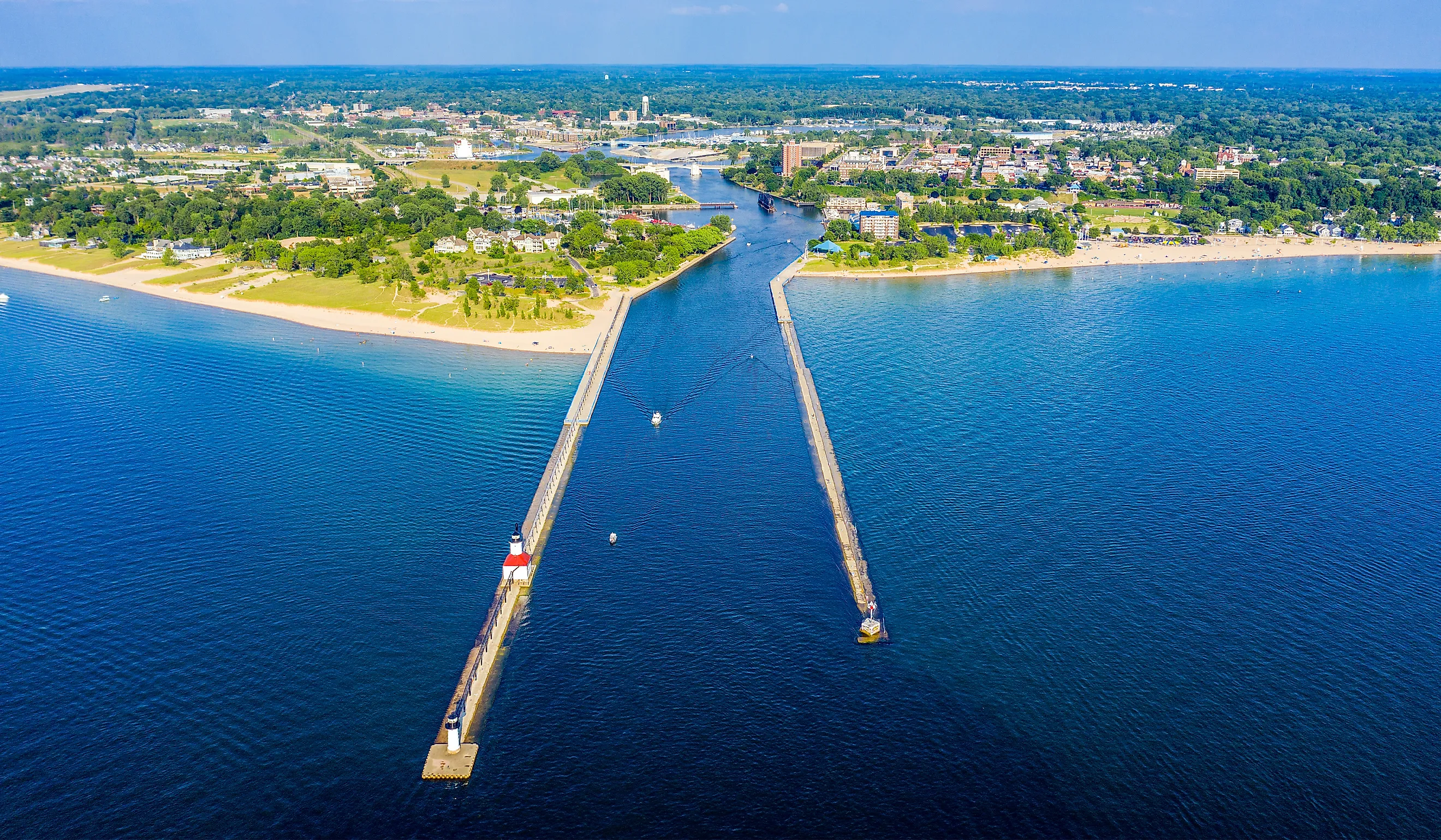 Aerial view of St. Joseph, Michigan with views of downtown, the state park, the St. Joseph Lighthouse, and St. Joseph River