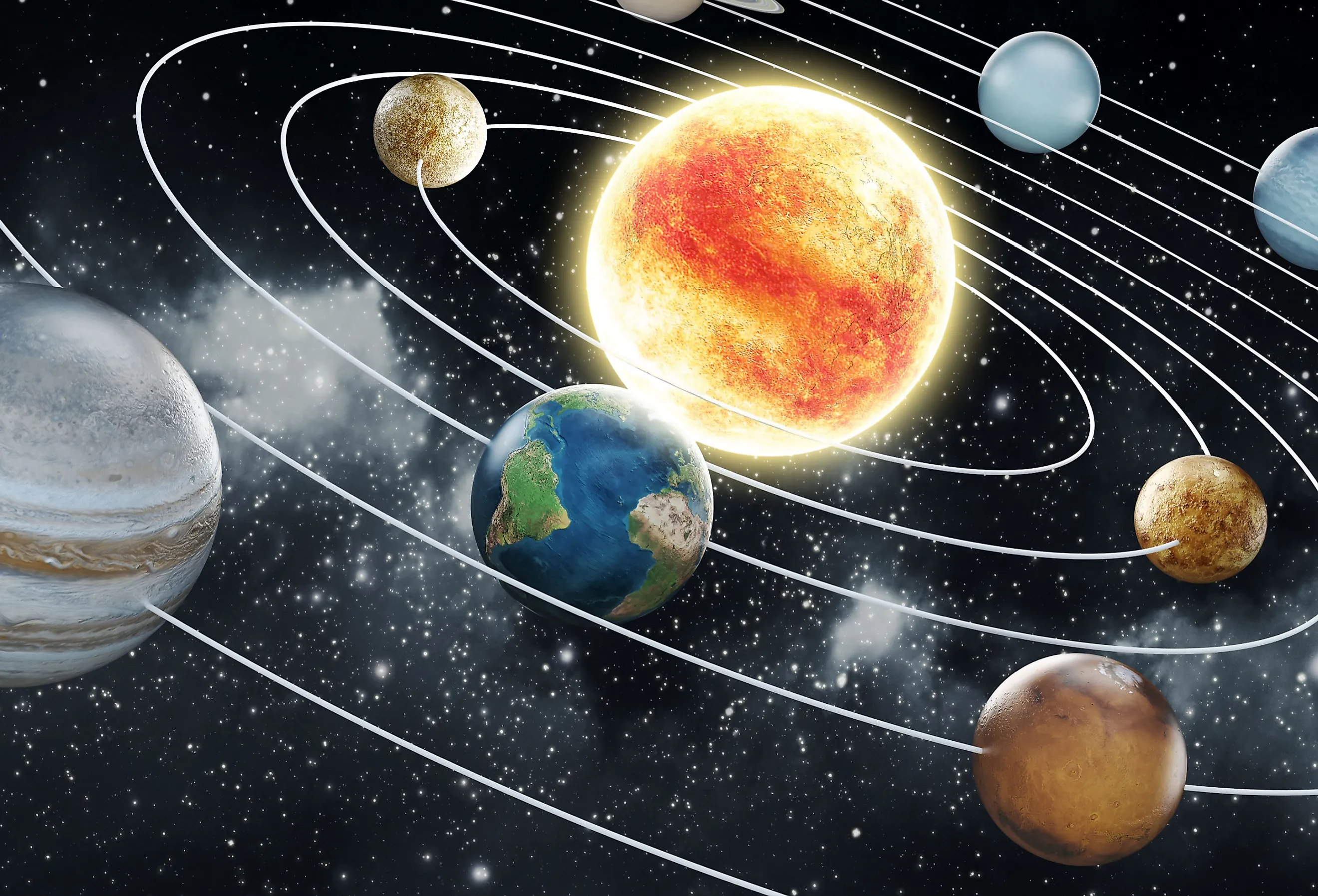 Solar system with eight planets and white orbital rings.