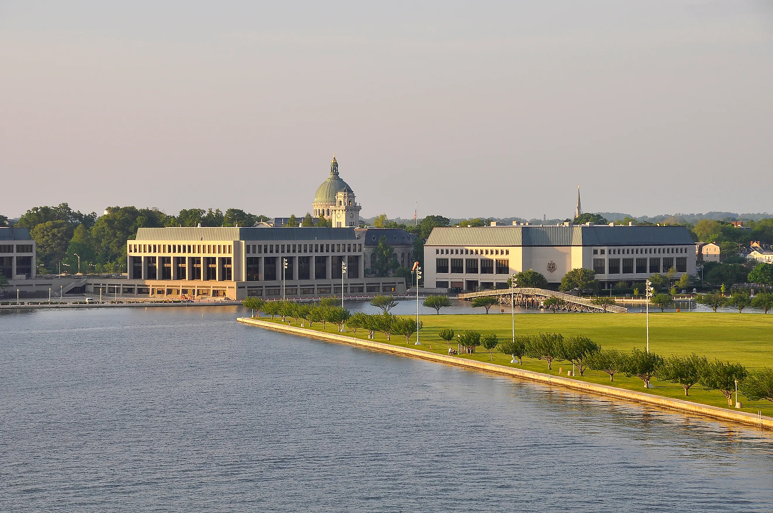 A view of the United States Naval Academy in Annapolis on the banks of the Severn River.