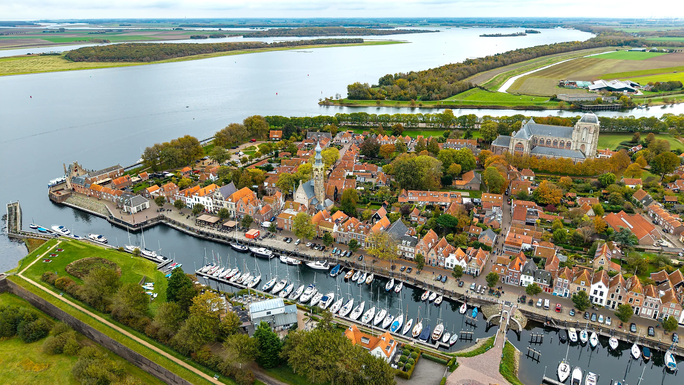 Aerial view of the historic town of Veere, the Netherlands.