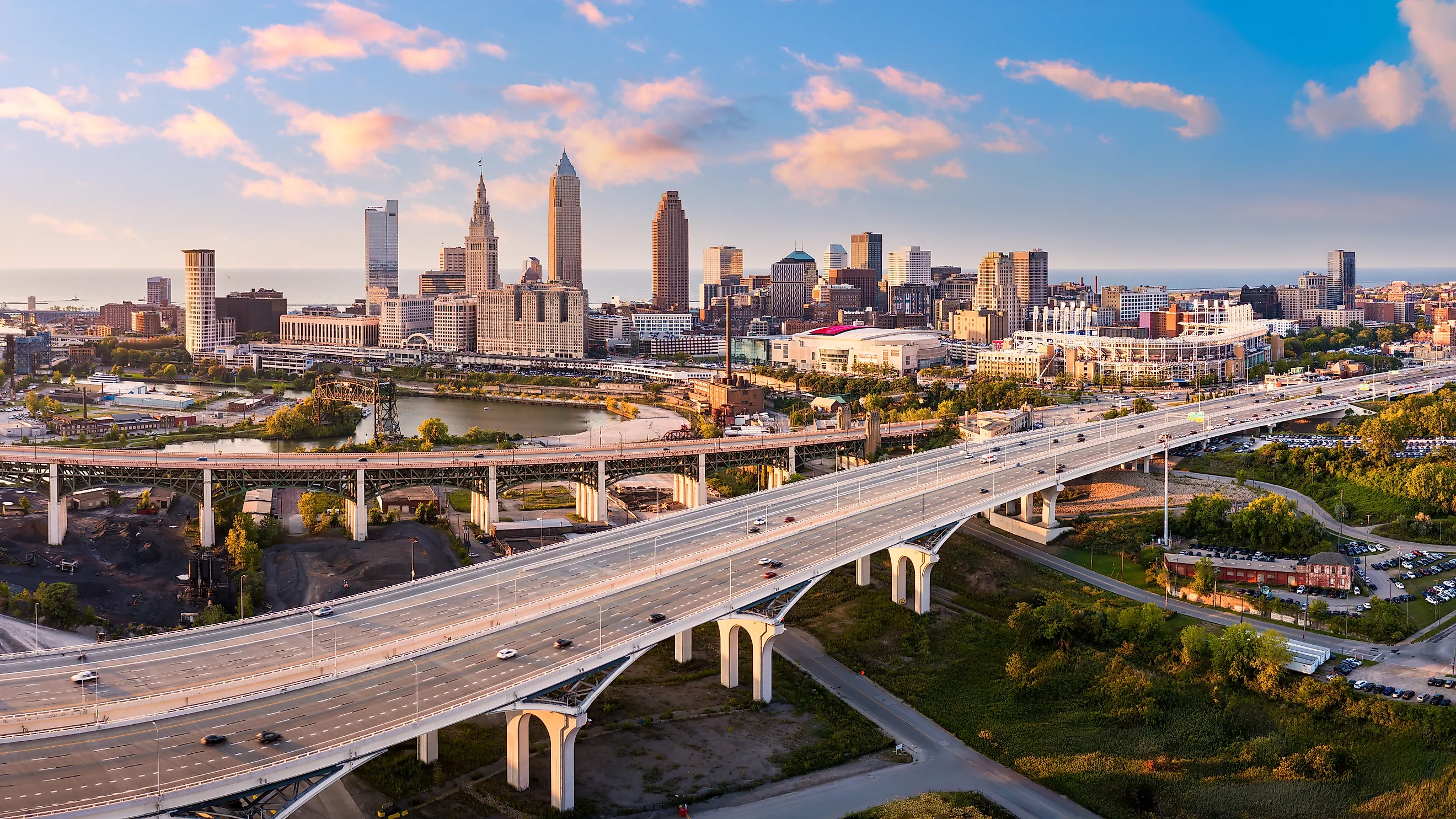 Interstate 90 running through Cleveland, Ohio at sunset.