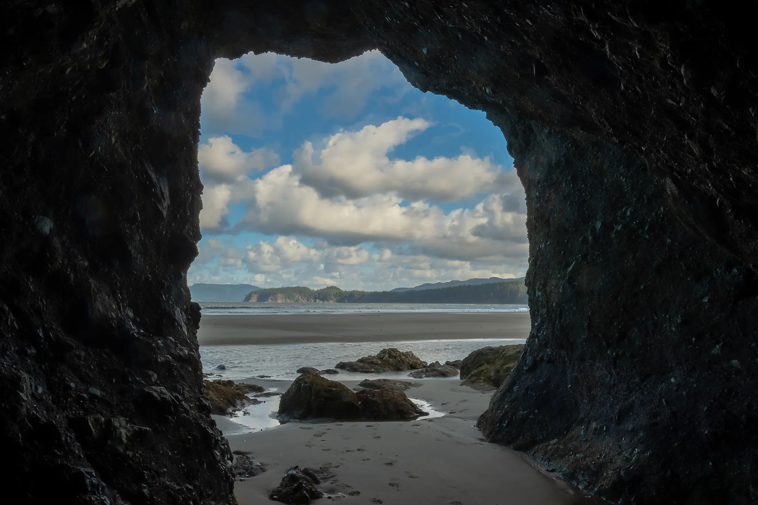 Pacific Northwest Beach Viewed from Inside Sea Cave in Olympic National Park. 