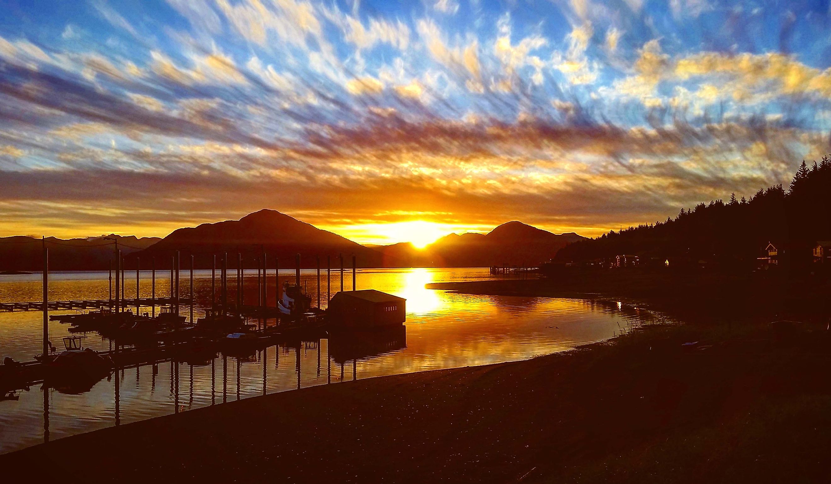 Sunset over small Alaskan Village.