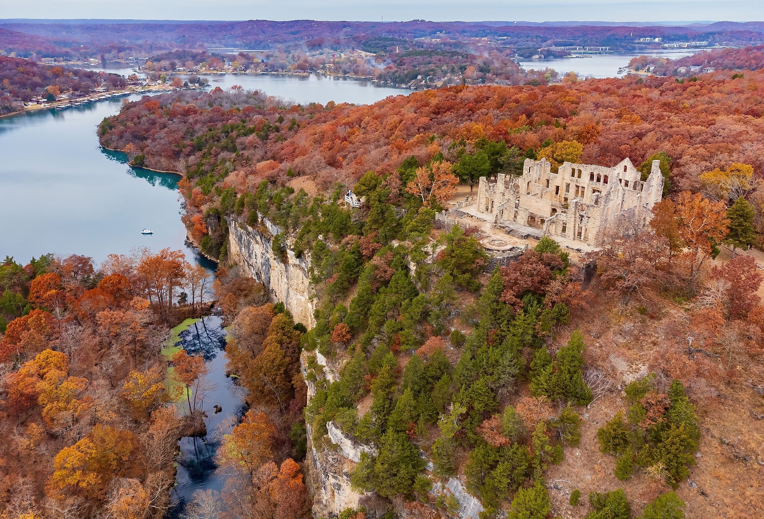 Aerial view of the fall color of Lake Ozark and the Ha Ha Tonka castle ruins, near Camdenton Missouri.