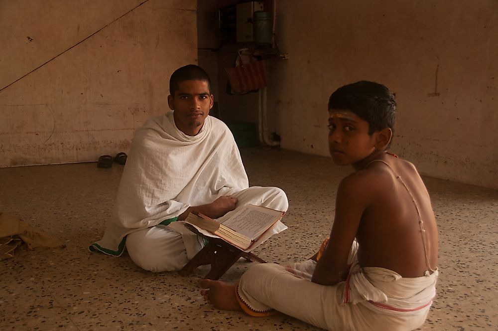 Unidentified Brahmin Student taking religious education in the traditional Brahmin school at Varadaraja Perumal Temple.