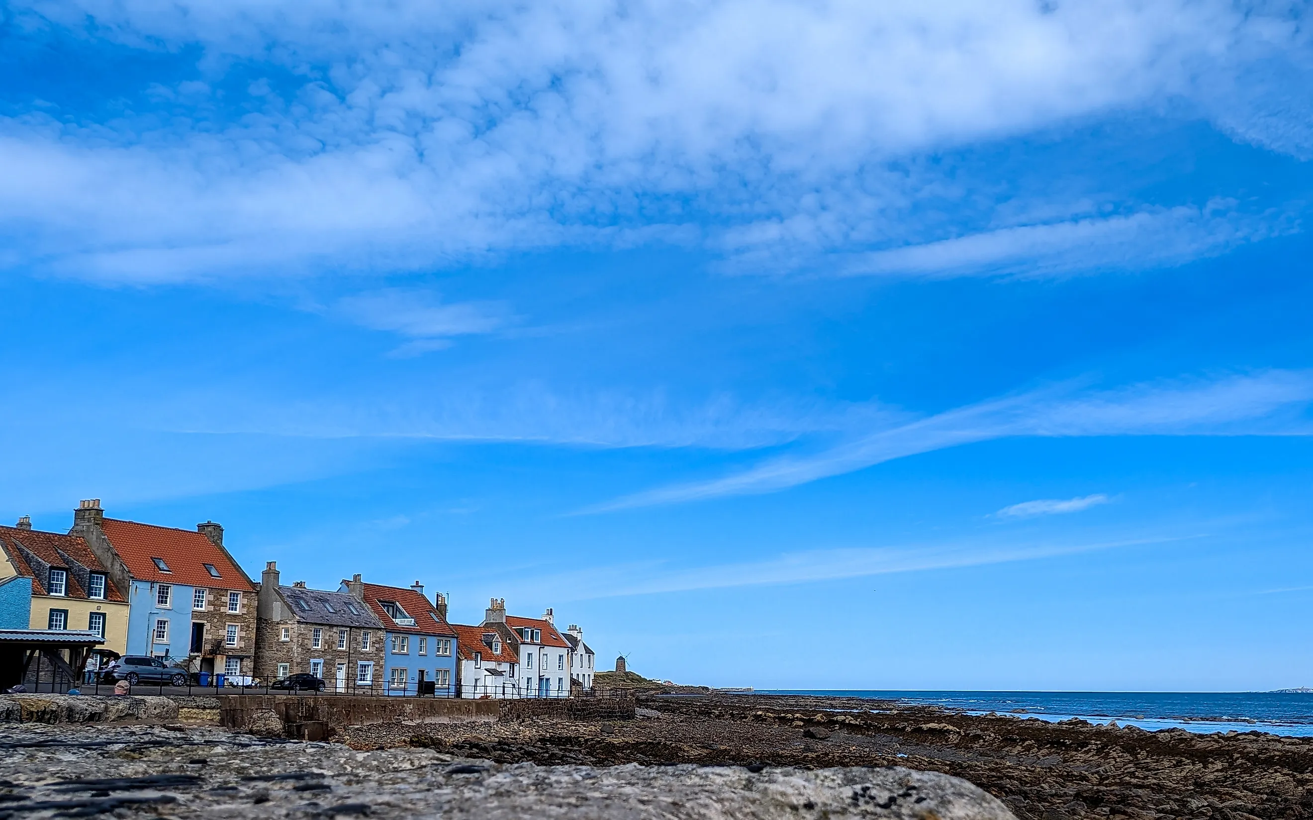 A scenic view of St. Monans Harbour in the East Neuk of Fife, Scotland.