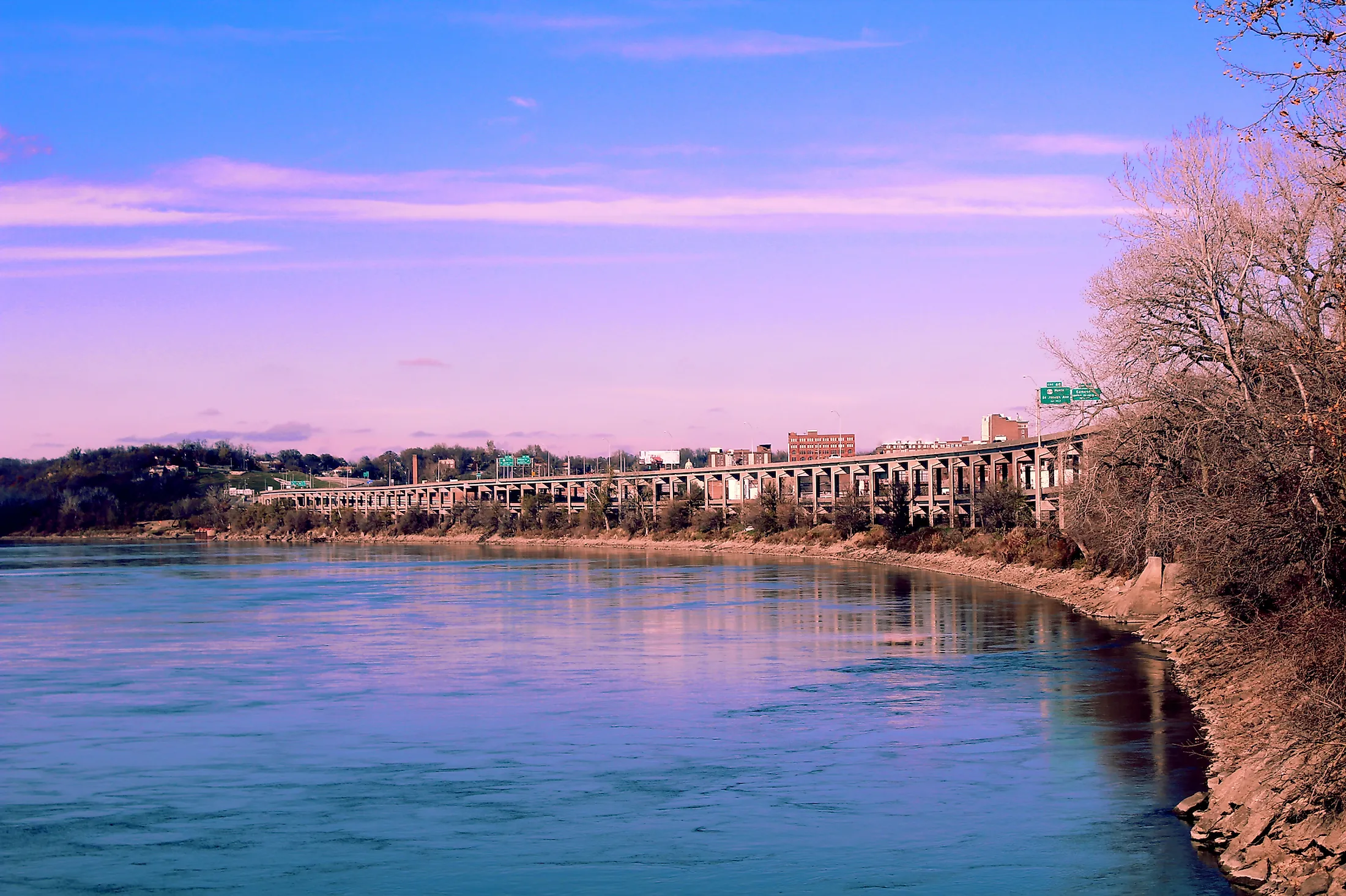 Missouri River Coastline with Double-deck bridge in Saint Joseph, Missouri