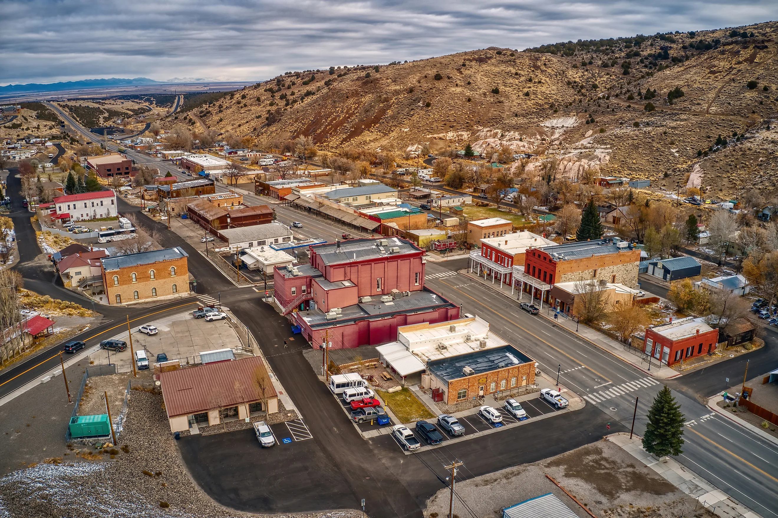Aerial View of the tiny town of Eureka, Nevada on Highway 50.