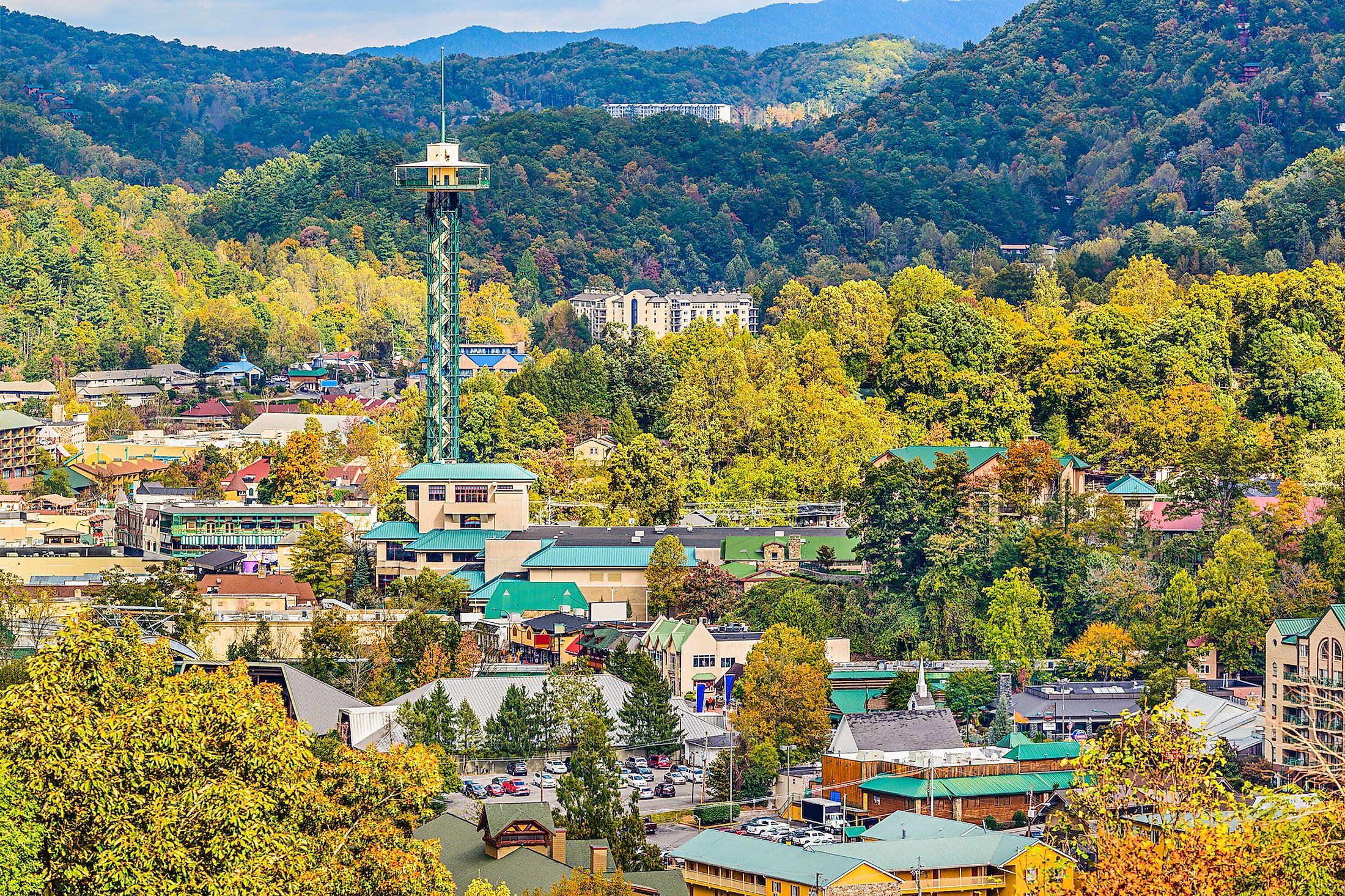 Gatlinburg, Tennessee, US, townscape in the Smoky Mountains.