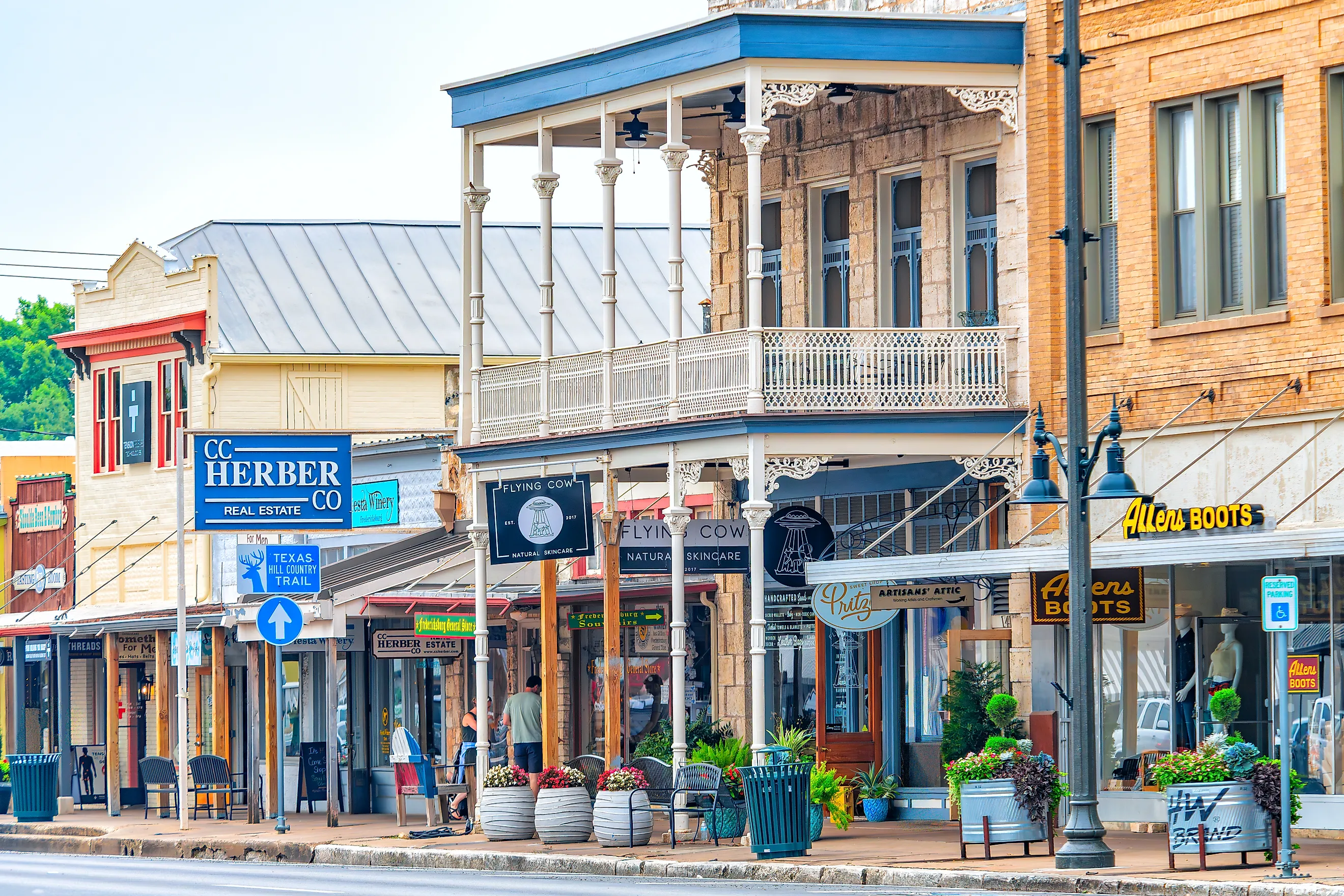 The shoppes in old historic buildings along Main Street through Fredericksburg, Texas