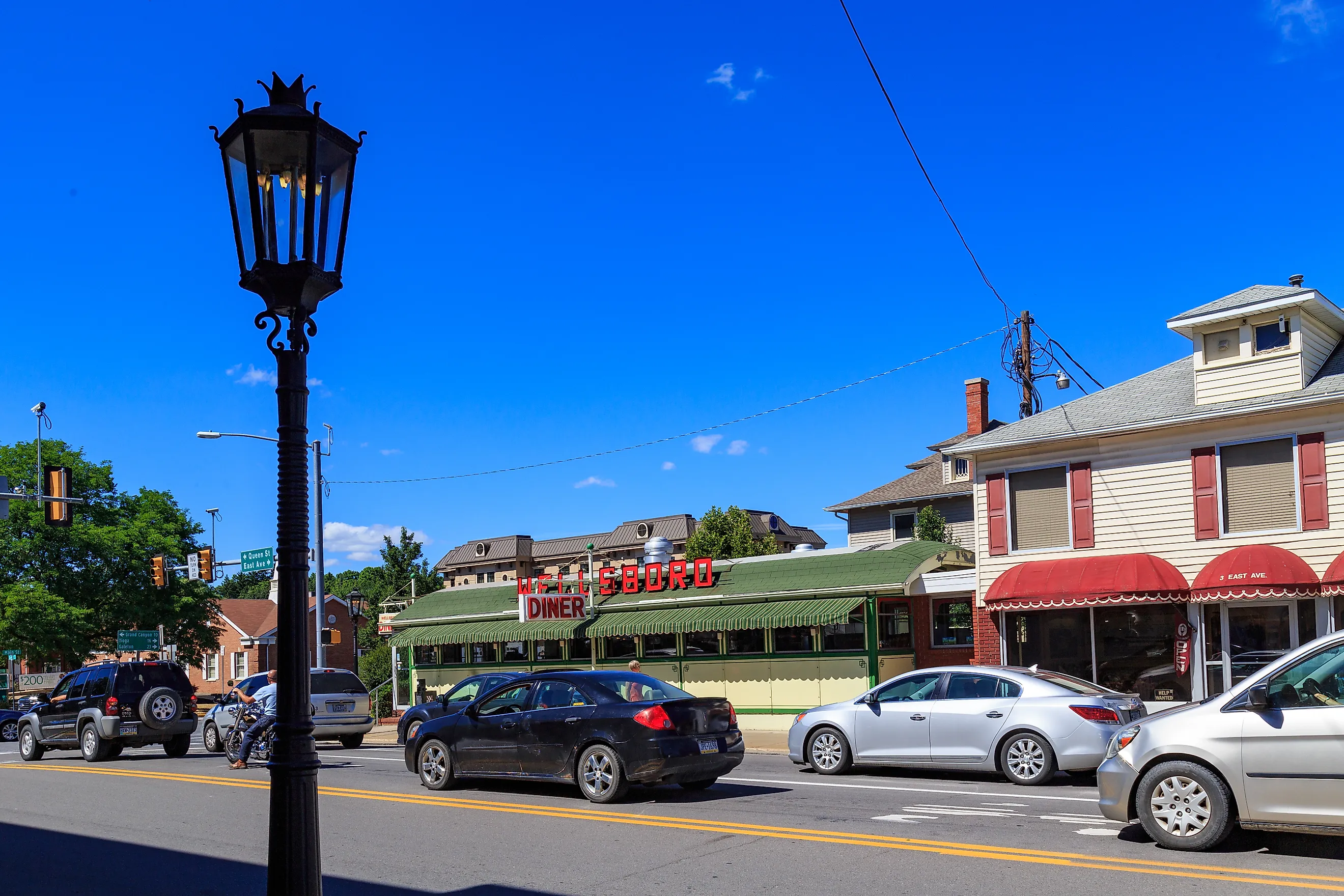 The downtown streets of Wellsboro, Pennsylvania, still illuminated with authentic gas street lamps.