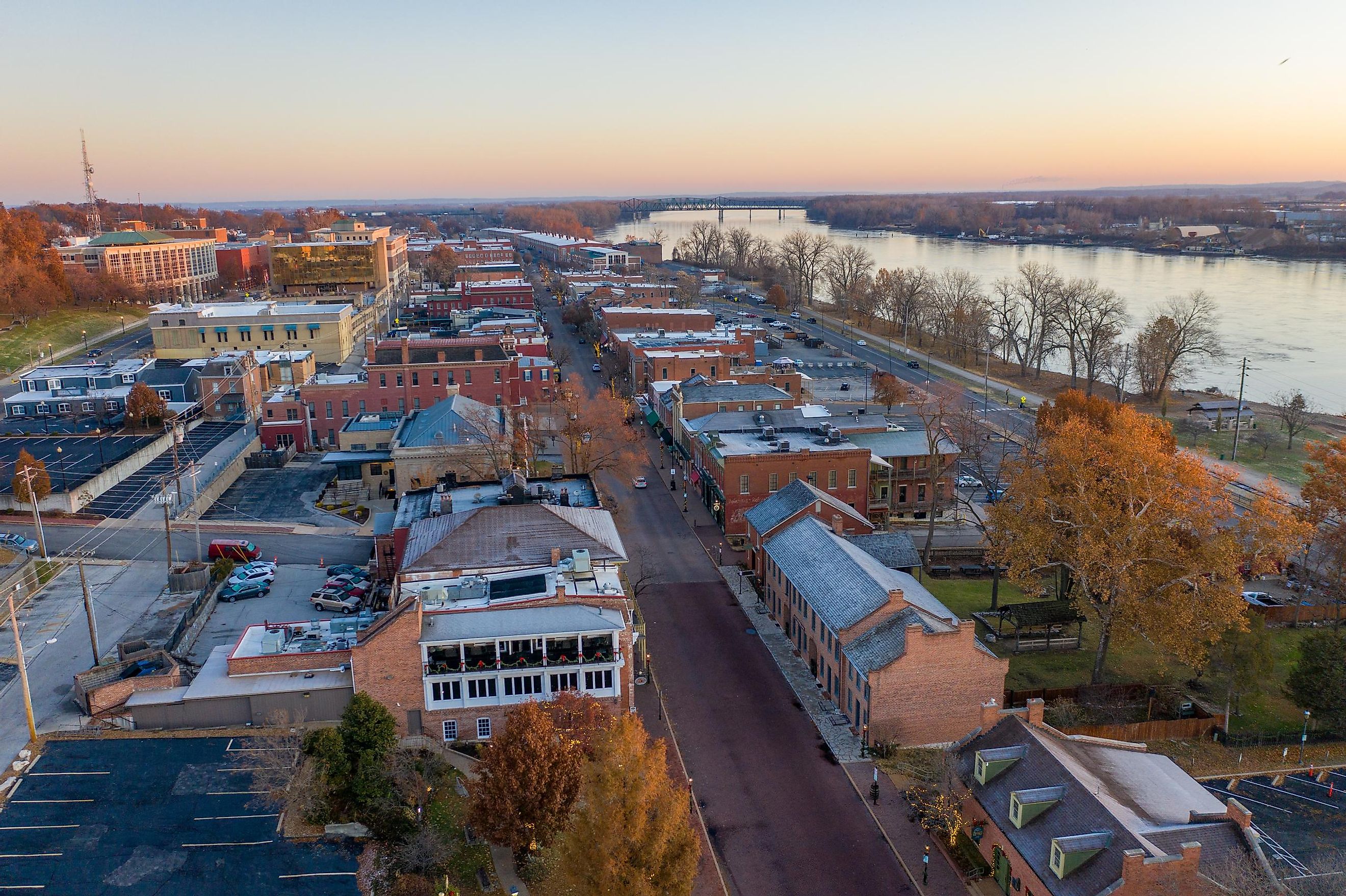 St Charles, Missouri / United States - November 24, 2019: Aerial View of Historic Downtown St Charles