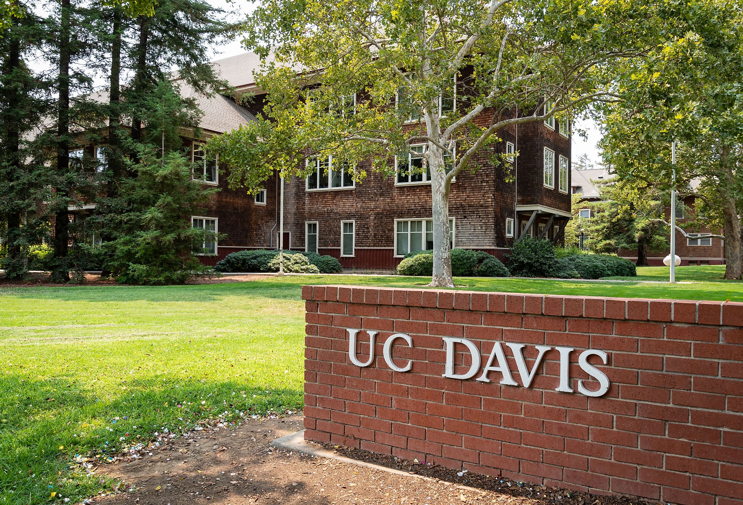 A photo of the original brick gate entrance to U.C. Davis in California's Sierra Nevada.