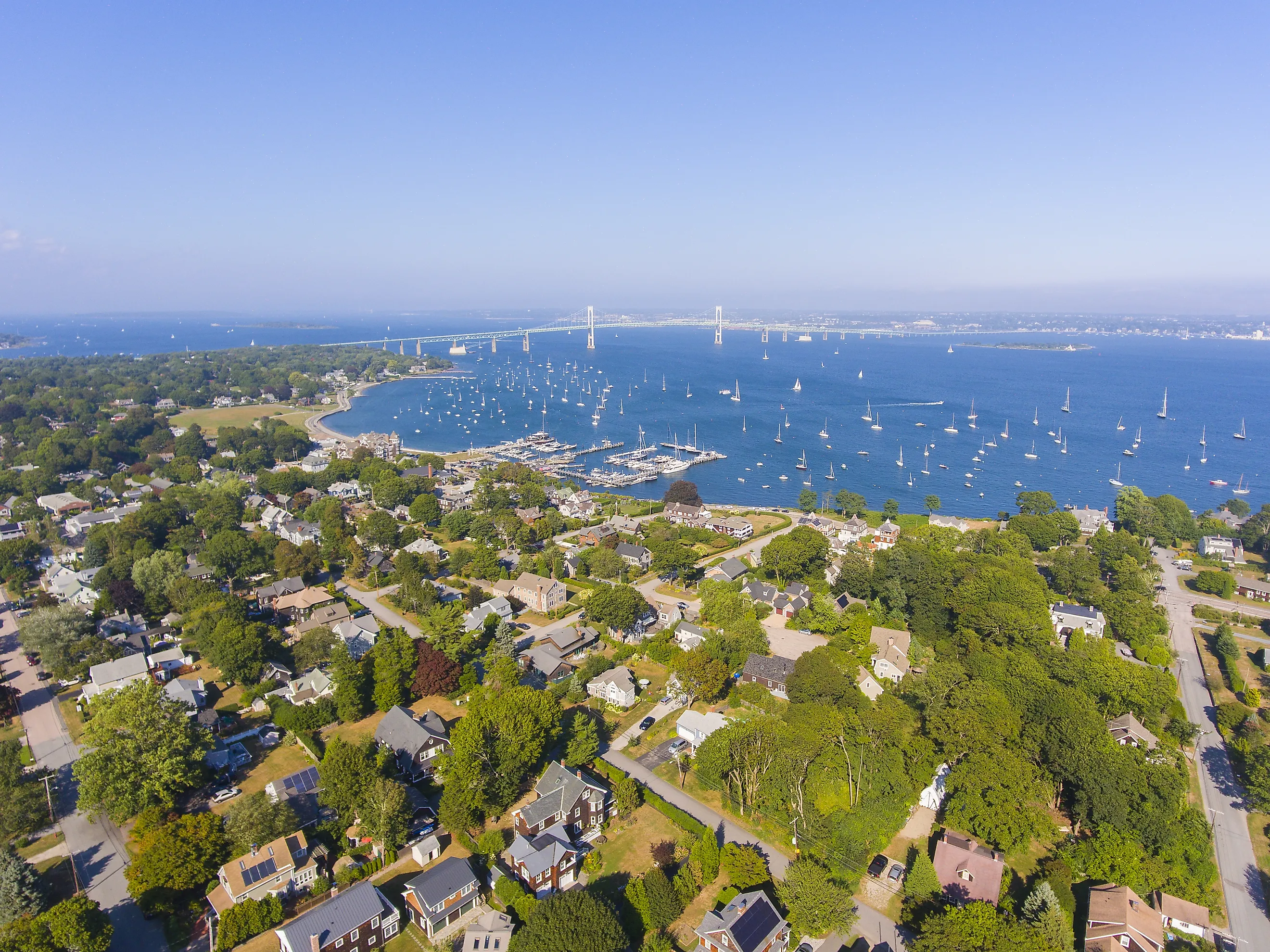 Claiborne Pell Newport Bridge on Narragansett Bay and town of Jamestown aerial view in summer, Jamestown on Conanicut Island, Rhode Island RI, USA