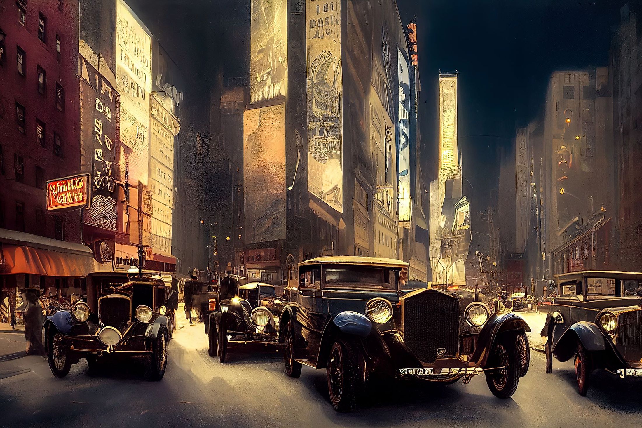 A retro digital illustration featuring New York City in the 1920s, with lit up streets and vintage cars at night. 