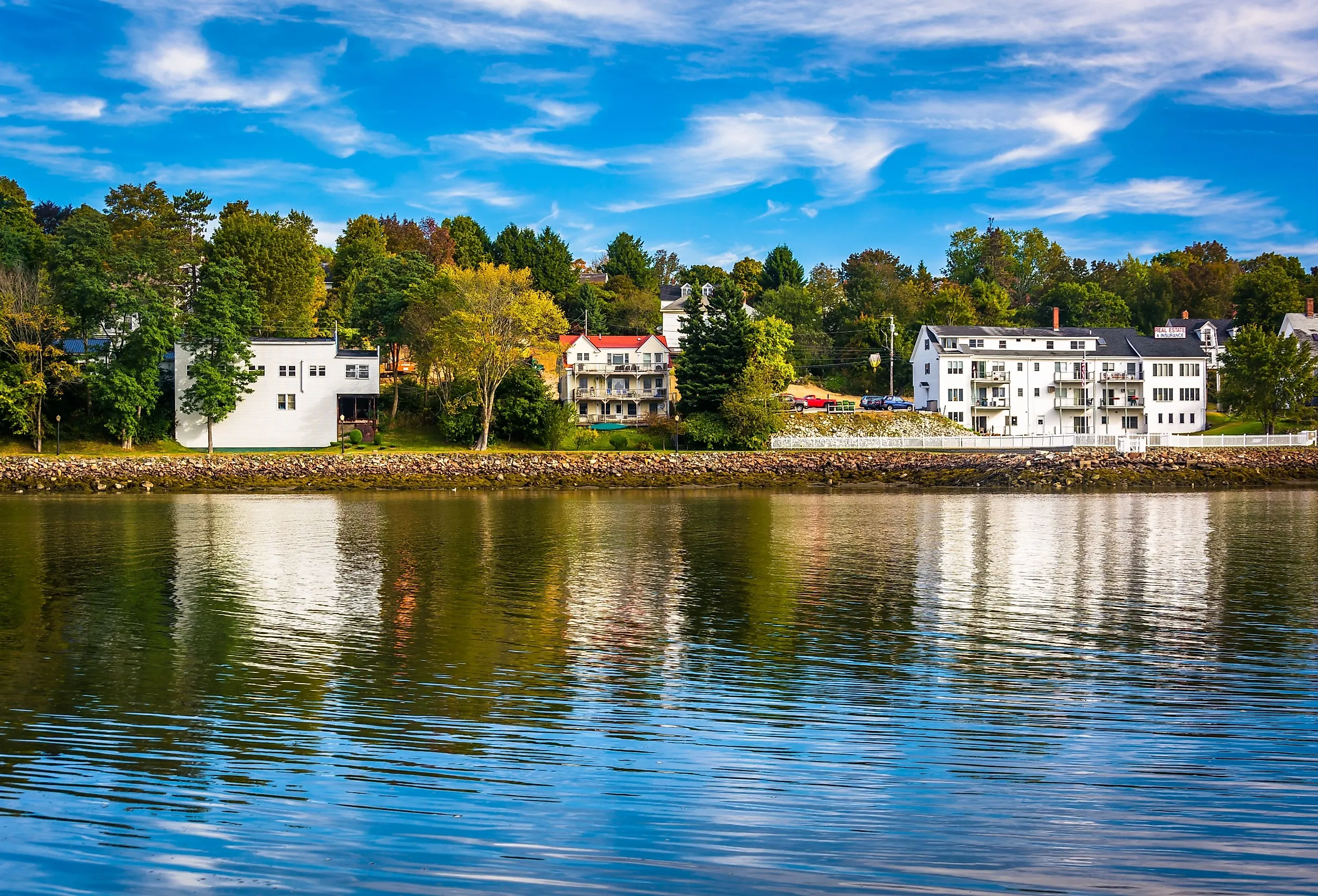 Houses along the Penobscot River in Bucksport, Maine.