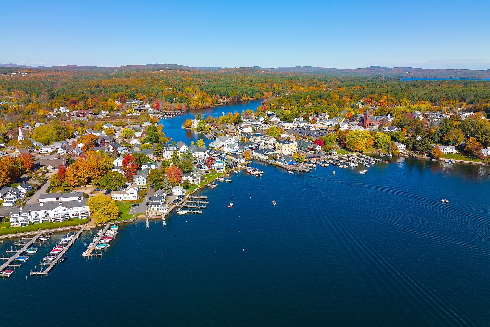 Lake Winnipesaukee aerial view in fall on Main Street, town of Wolfeboro, New Hampshire, USA.