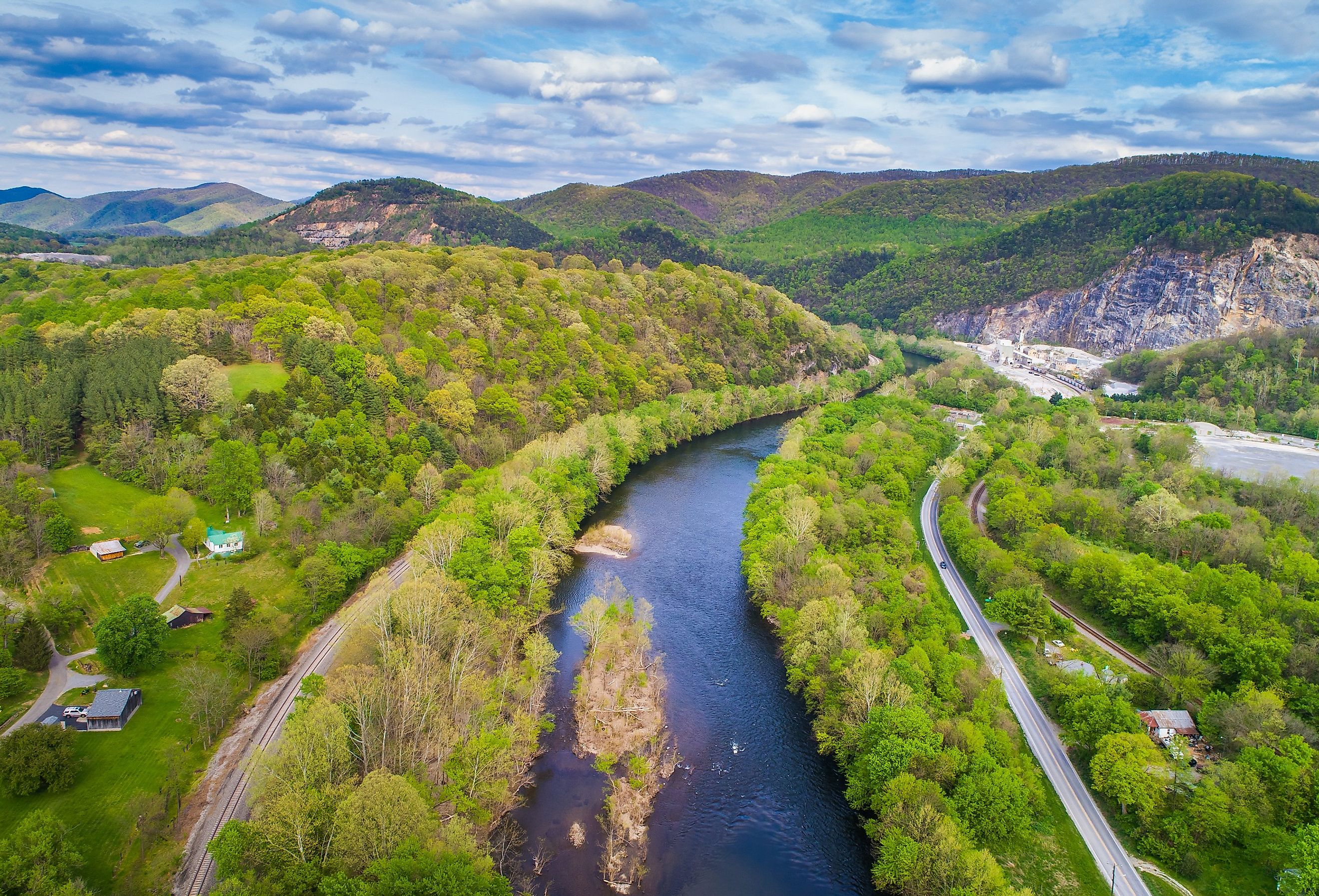 Aerial view of the James River and surrounding mountains in Buchanan, Virginia.