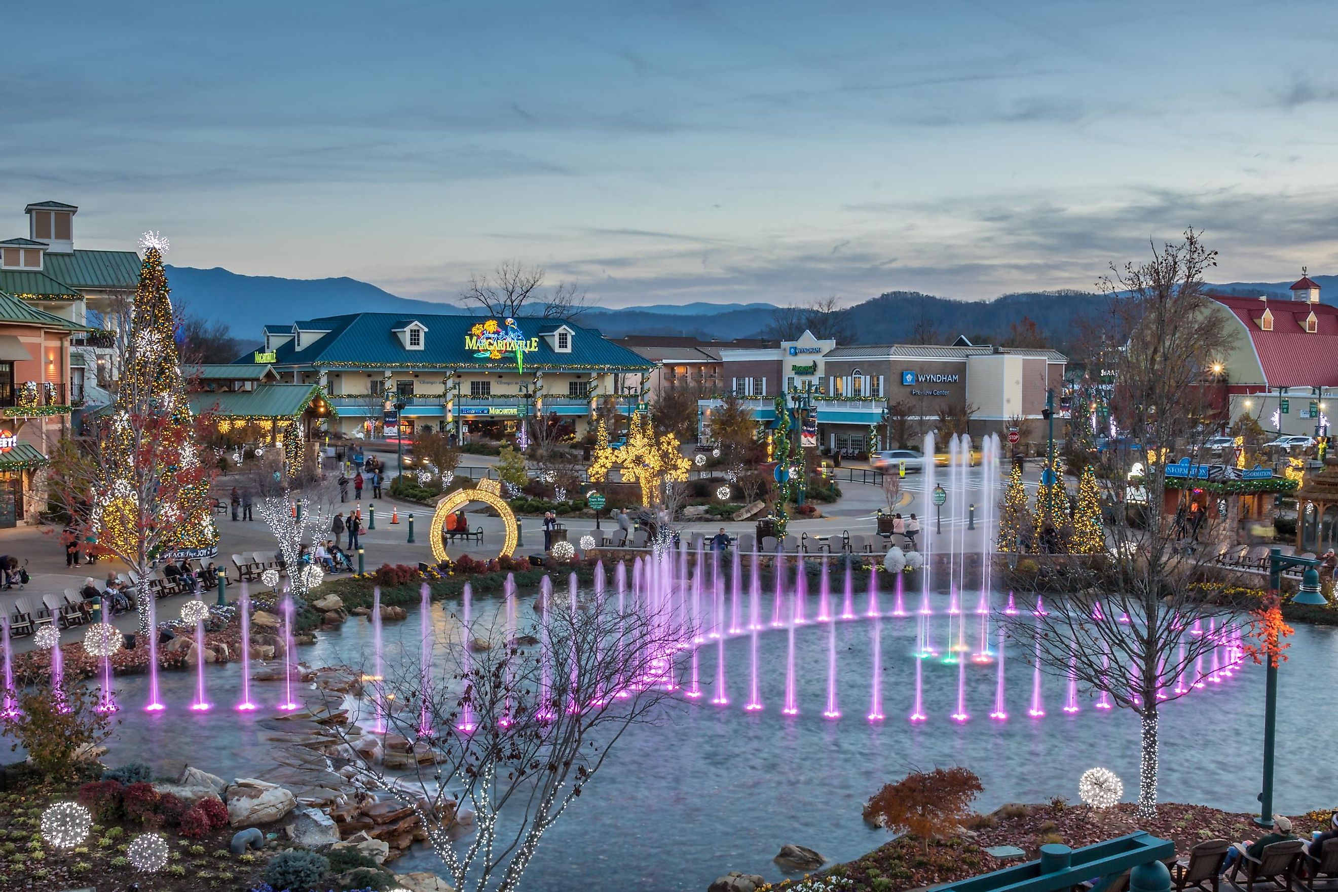 Colorful display from The Island show fountain in Pigeon Forge, Tennessee. Editorial credit: Scott Heaney / Shutterstock.com
