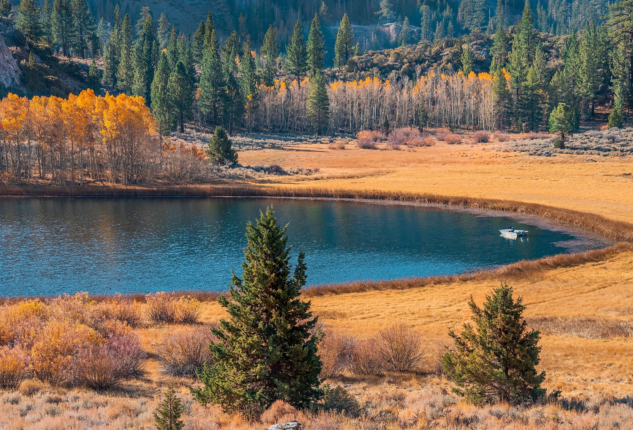 Fisherman floats on Gull Lake in the Autumn morning in the June Lake Loop of California. Image credit Patricia Elaine Thomas via Shutterstock.