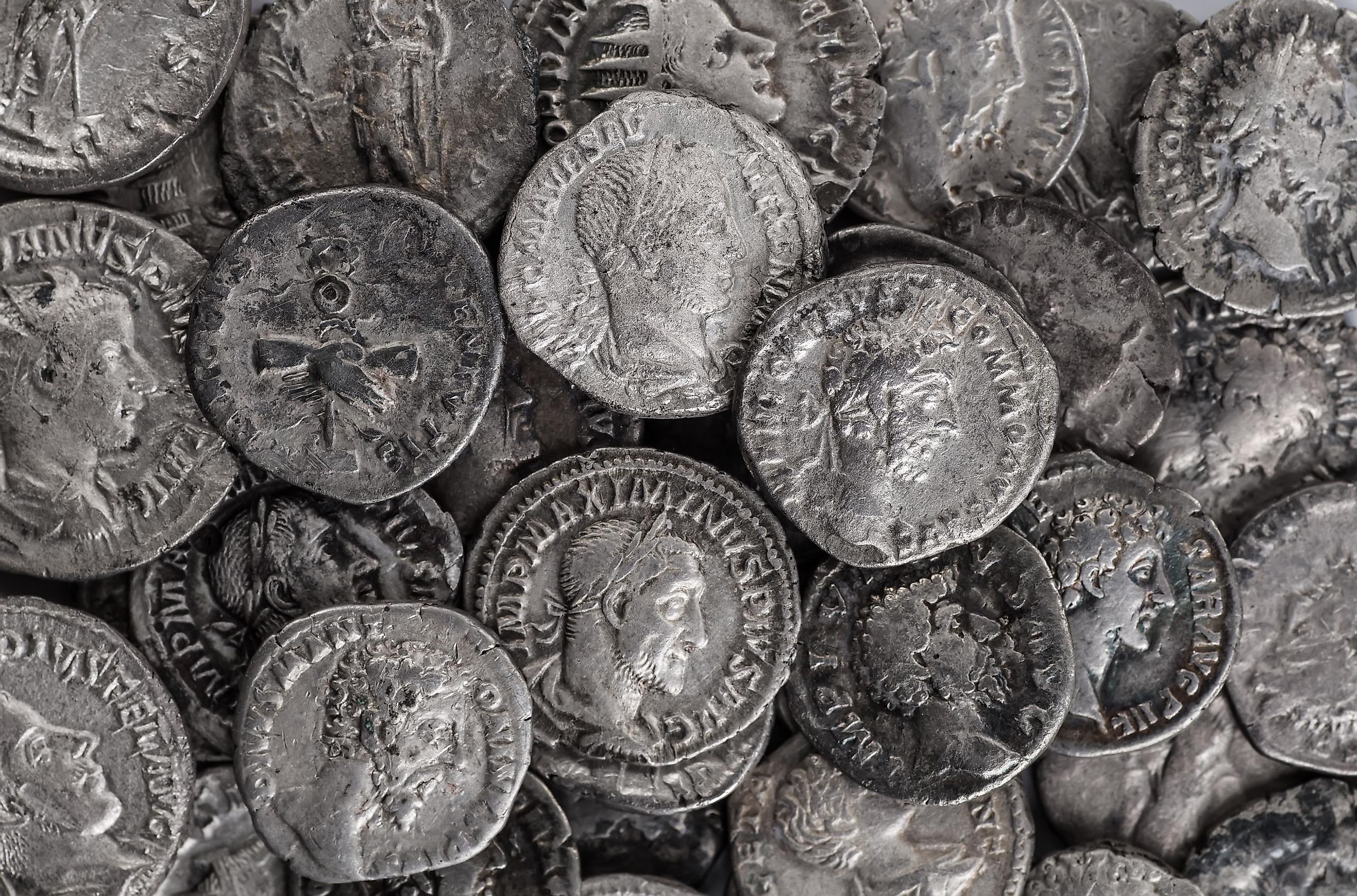 A collection of ancient Roman silver coins. 