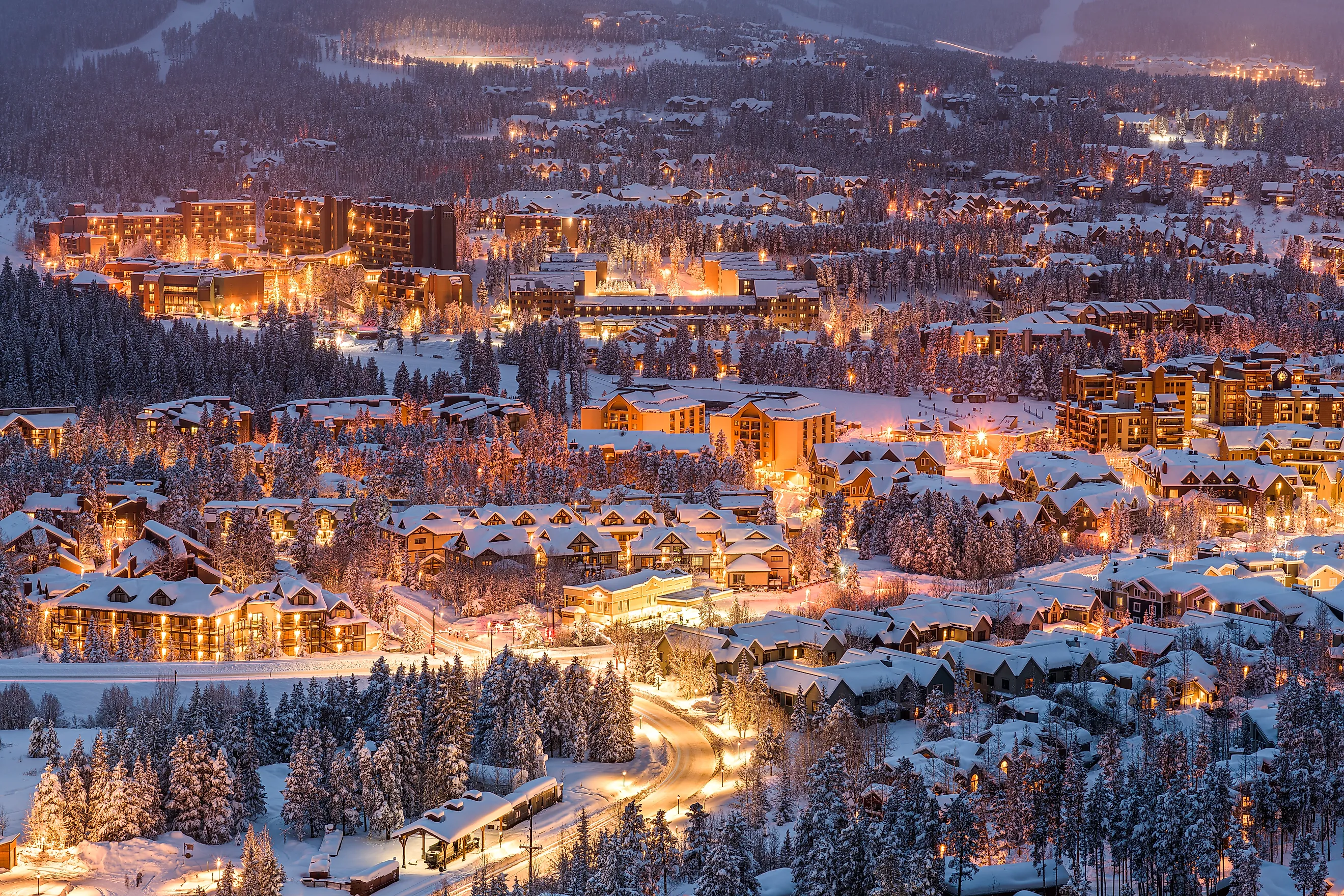 The Breckenridge, Colorado, winter skyline at dusk. Shutterstock.com