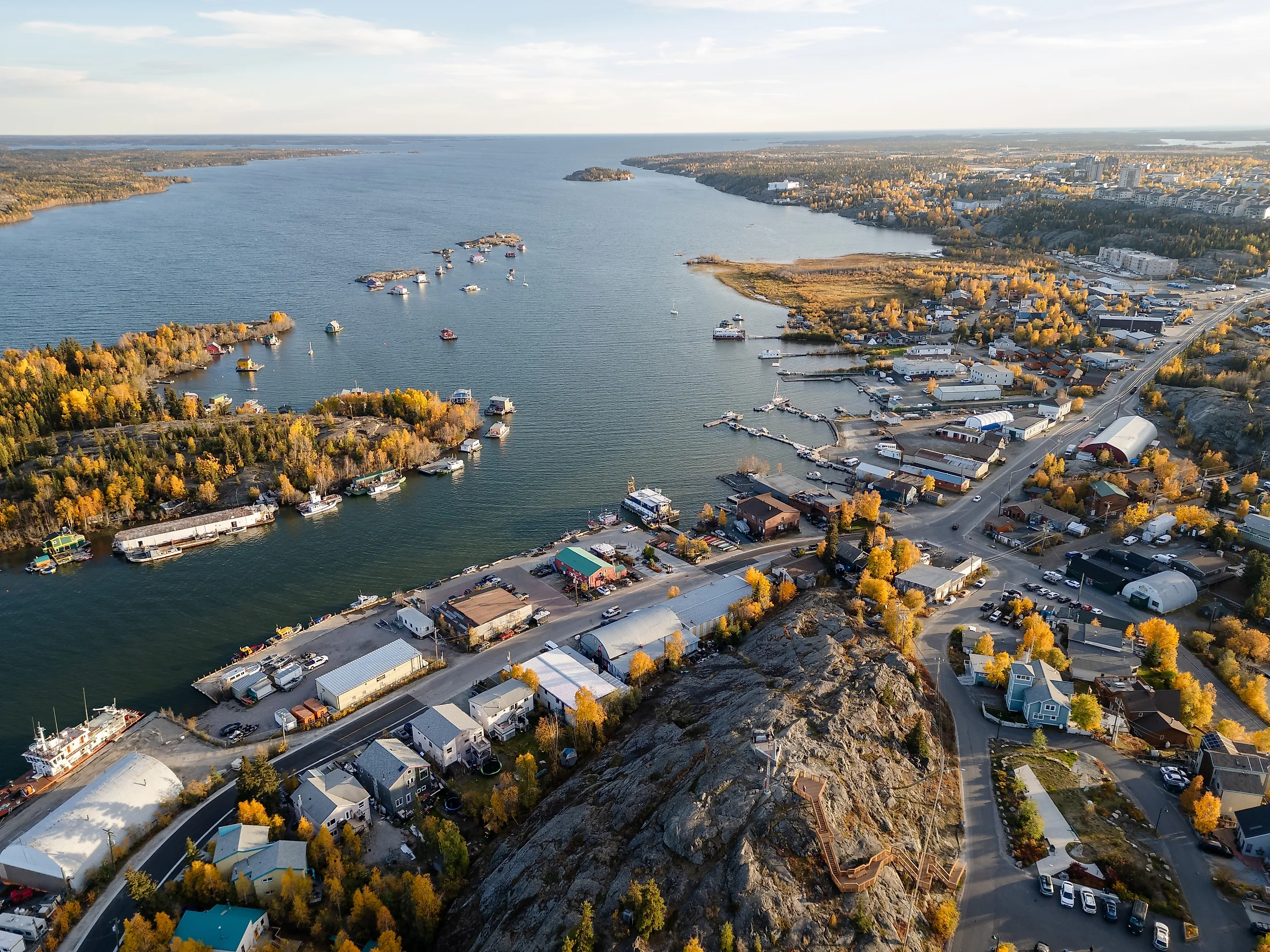 Aerial view of Yellowknife Bay and Old Town on Great Slave Lake 