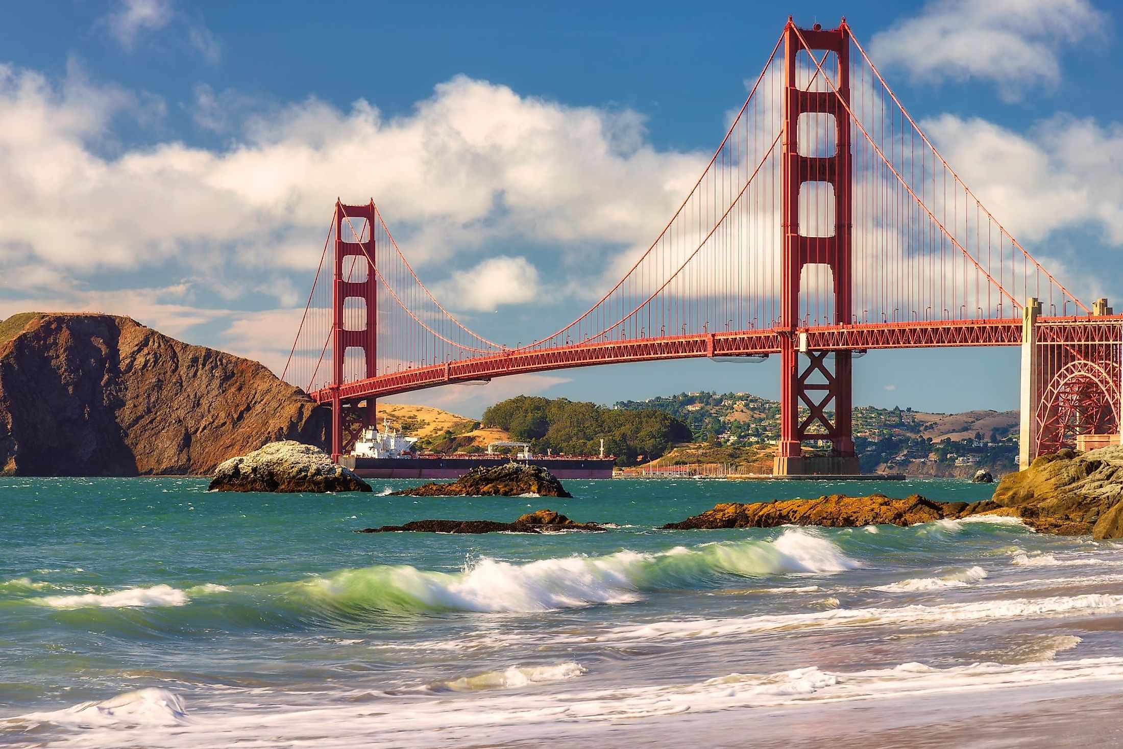 The Golden Gate Bridge spans the Golden Gate Strait. 