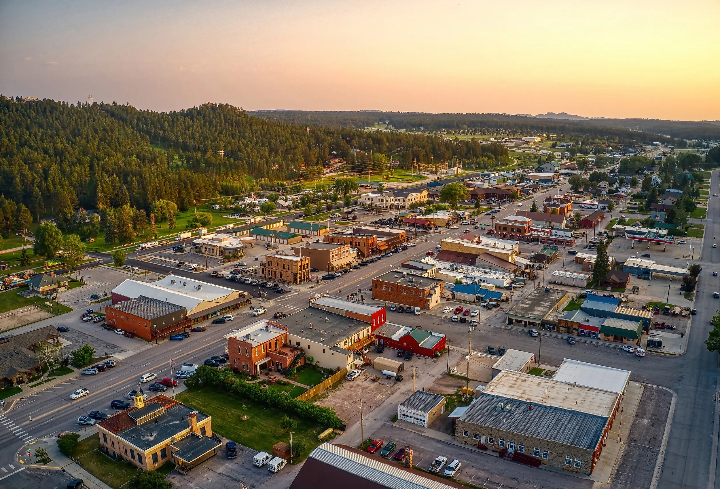 Aerial view of Custer, South Dakota, at sunset.