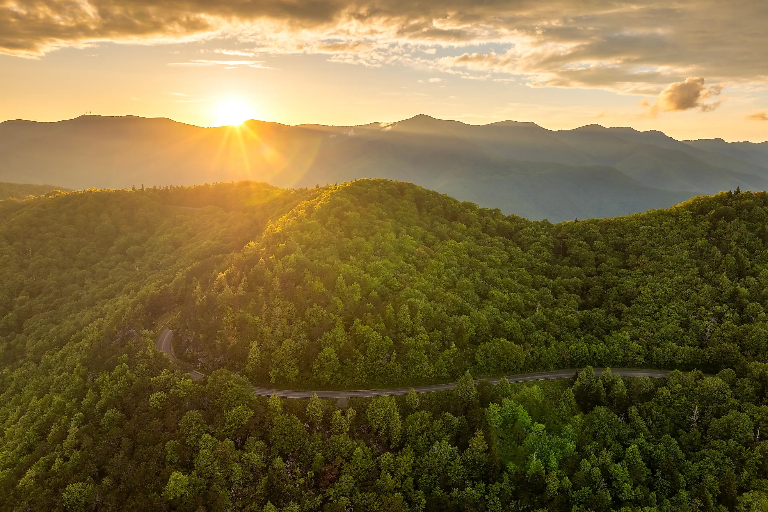 Evening landscape of Blue Ridge Parkway near Mount Mitchell in summer season. Mountain pass road in North Carolina Appalachian mountains. Credit: Bilanol/Shutterstock.com