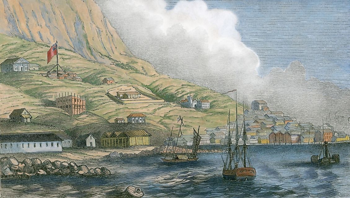 A historical depiction of British sailboats encroaching upon Hong Kong.