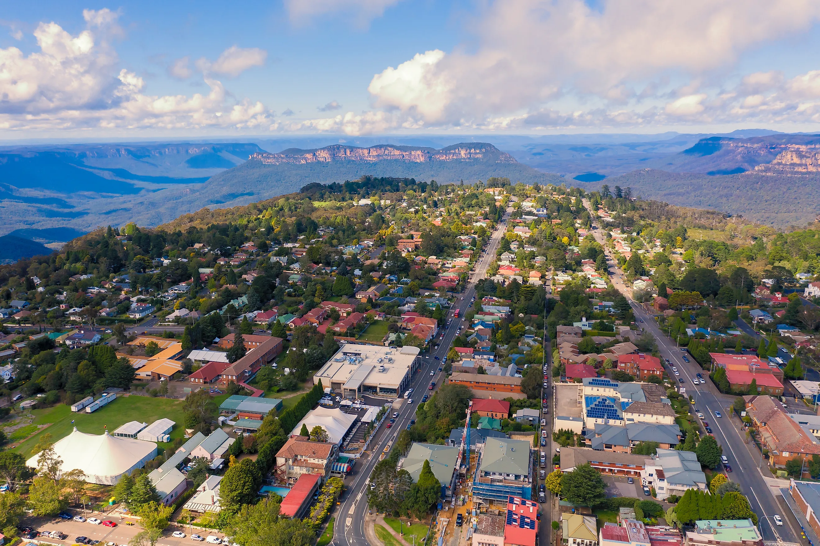 Aerial view of Katoomba and The Blue Mountains in Australia.
