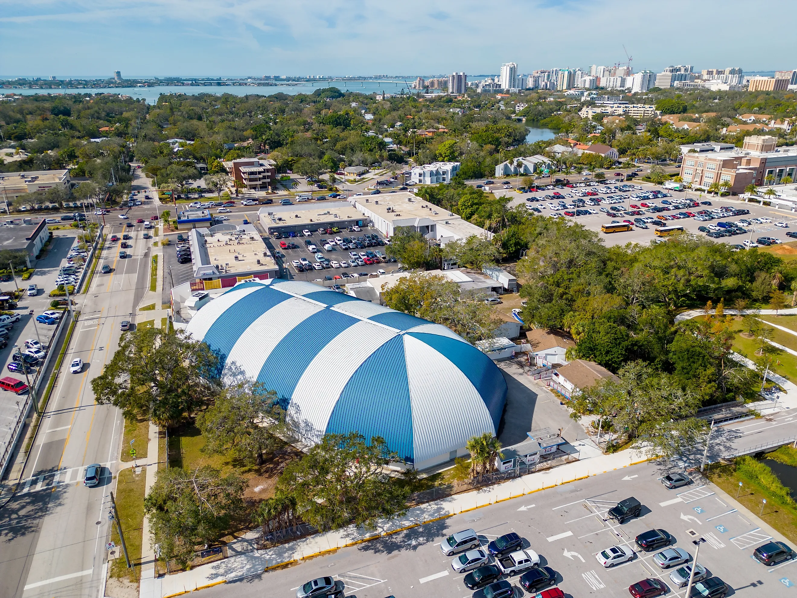 Aerial drone photo Sailor Circus tent, Sarasota, Florida, via Felix Mizioznikov / Shutterstock.com