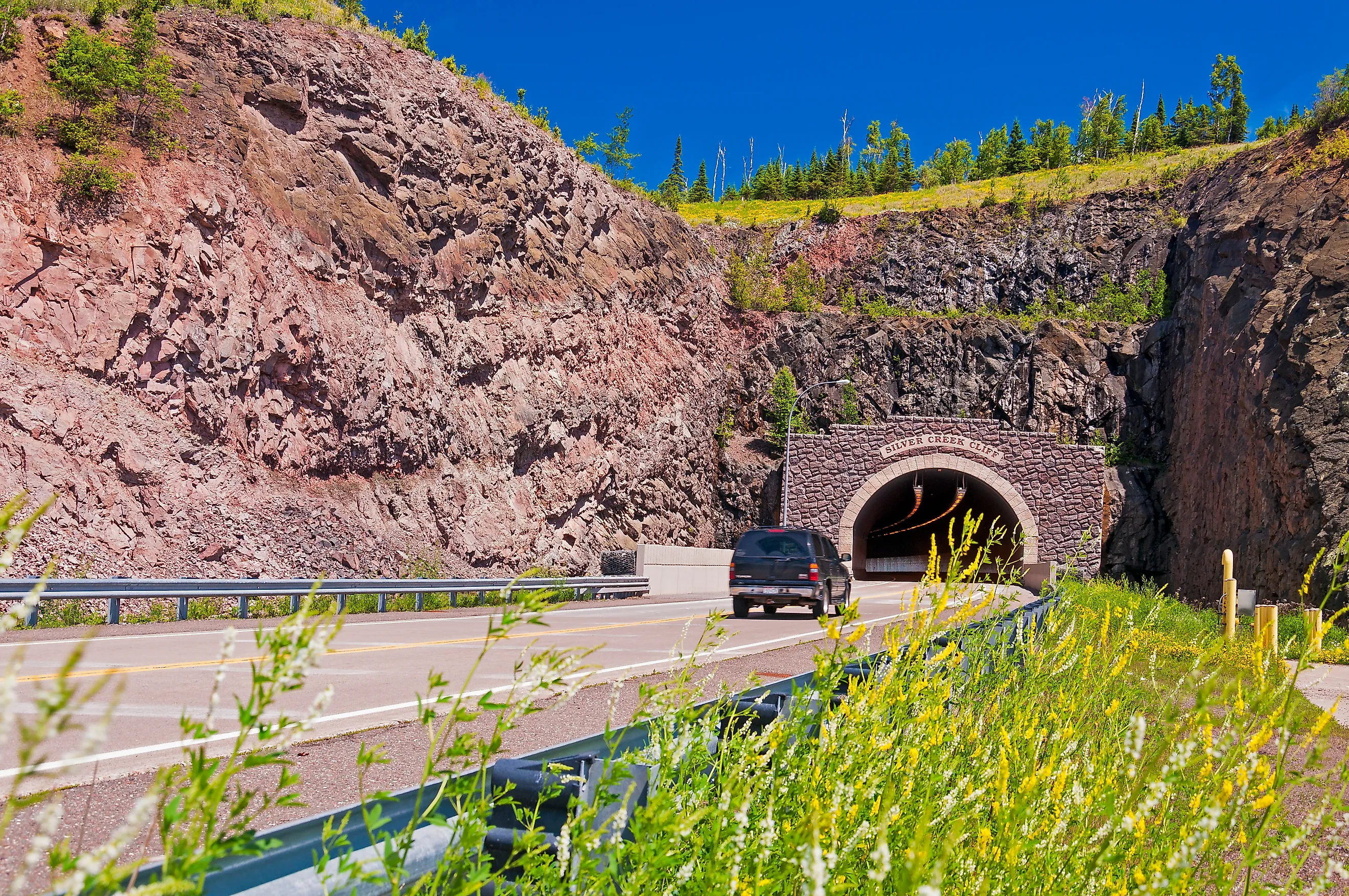 Highway 61 winds through Silver Creek Cliff along Minnesota’s North Shore Scenic Drive.