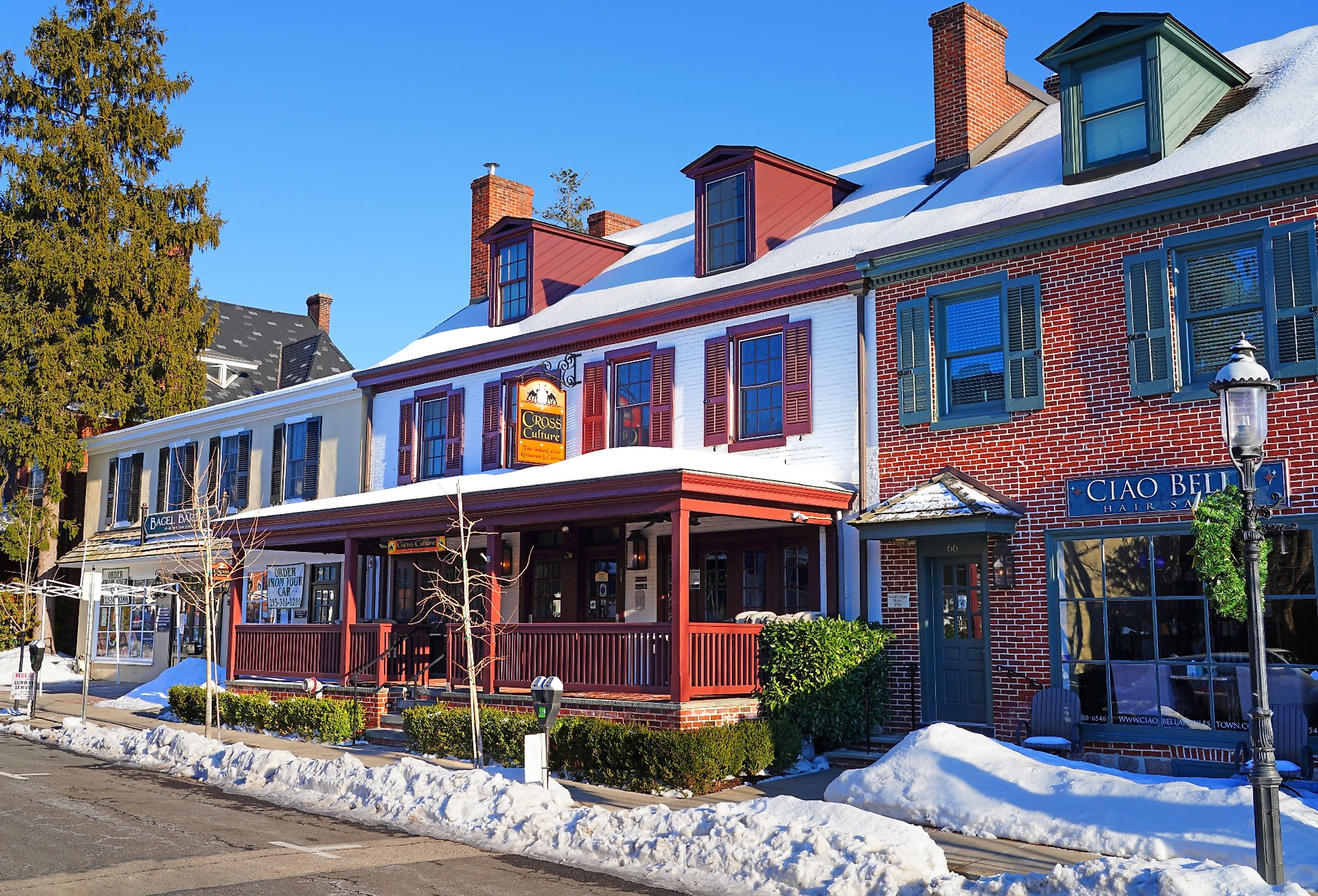 Winter view of downtown buildings in historic Doylestown, Bucks County, Pennsylvania. Image credit EQRoy via Shutterstock