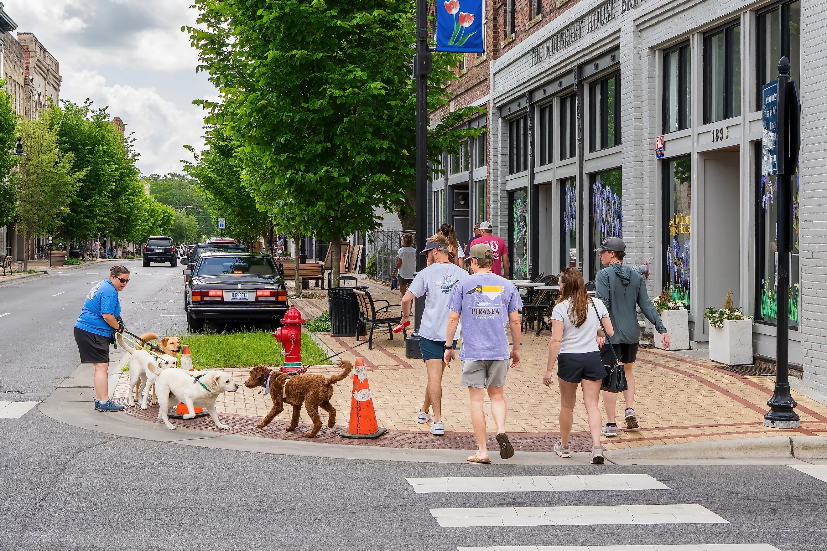 gs and People Make Friends on the Sidewalks of downtown Washington, North Carolina