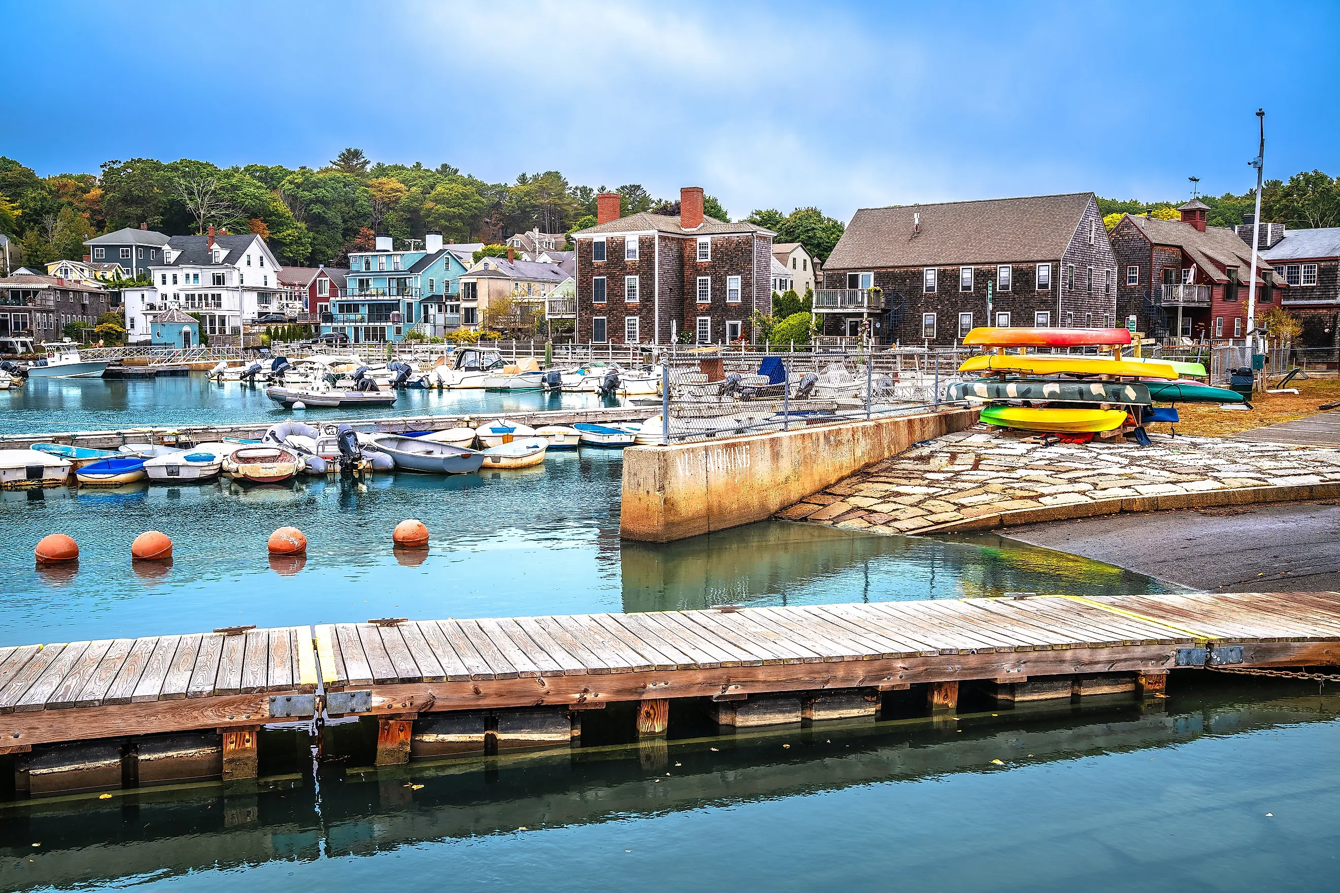 Boat ramp and waterfront houses in Manchester-by-the-Sea, Massachusetts.