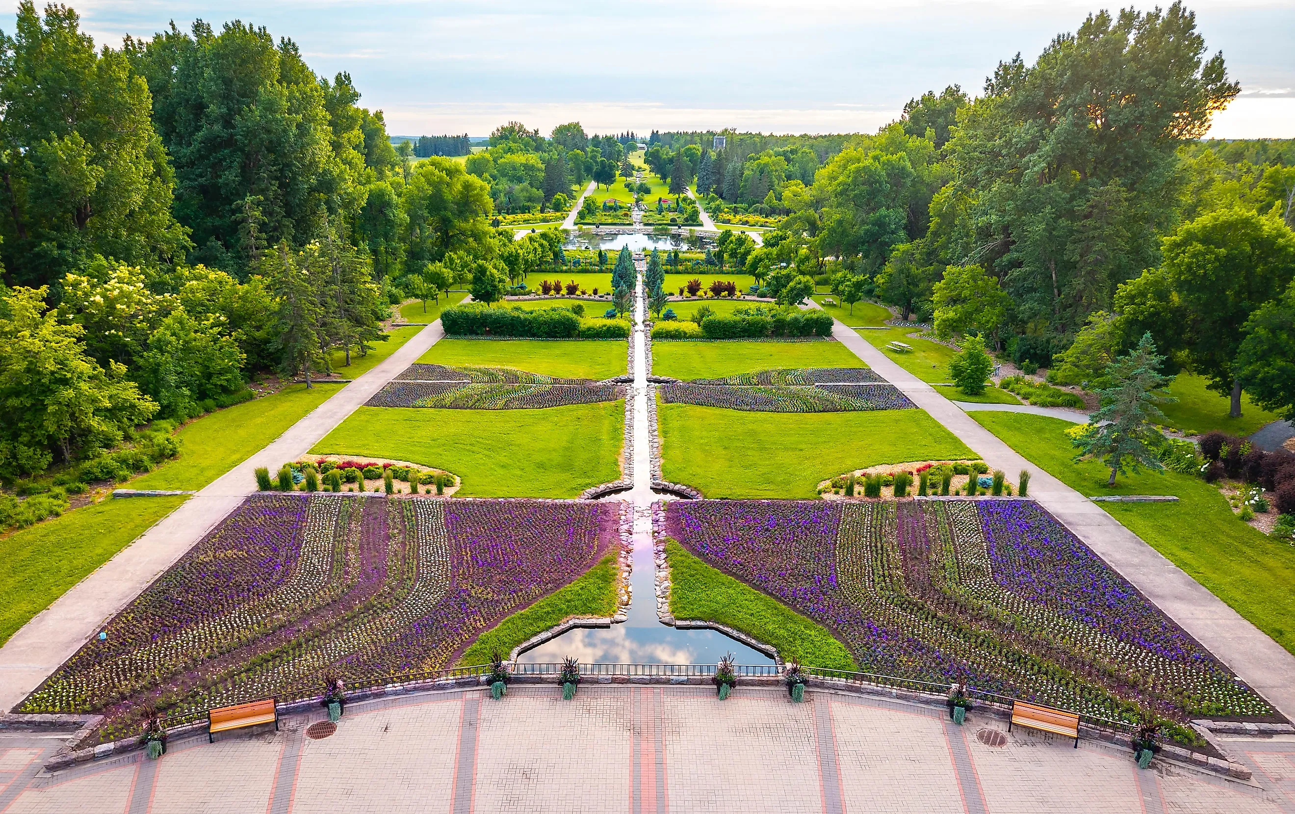 Aerial drone view of International Peace Garden on vibrant summer sunset