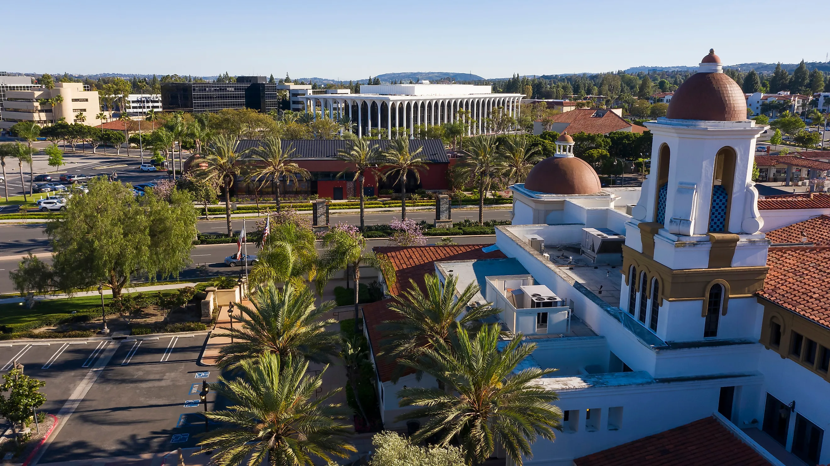 Day time aerial view of the downtown area of Laguna Woods, California